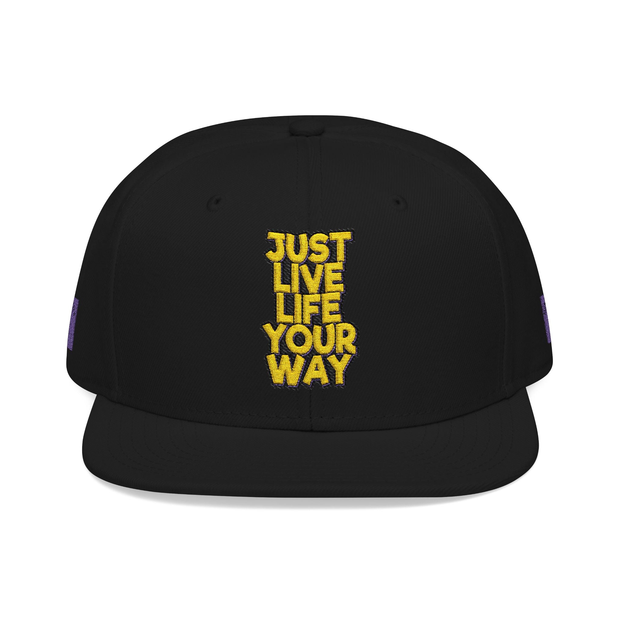 Embroidered Snapback Hat — Bold Yellow 'N' Floral Patch, Purple Side Accent