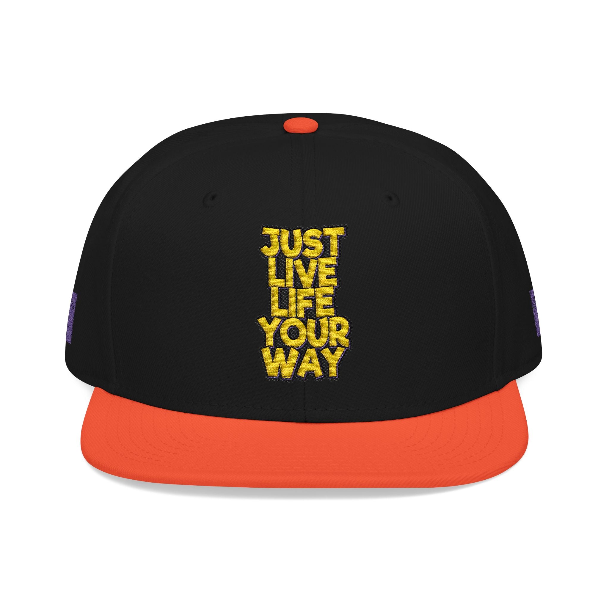 Embroidered Snapback Hat — Bold Yellow 'N' Floral Patch, Purple Side Accent