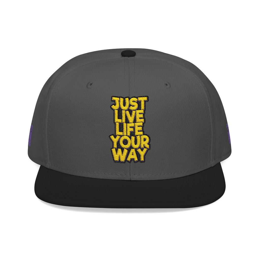 Embroidered Snapback Hat — Bold Yellow 'N' Floral Patch, Purple Side Accent