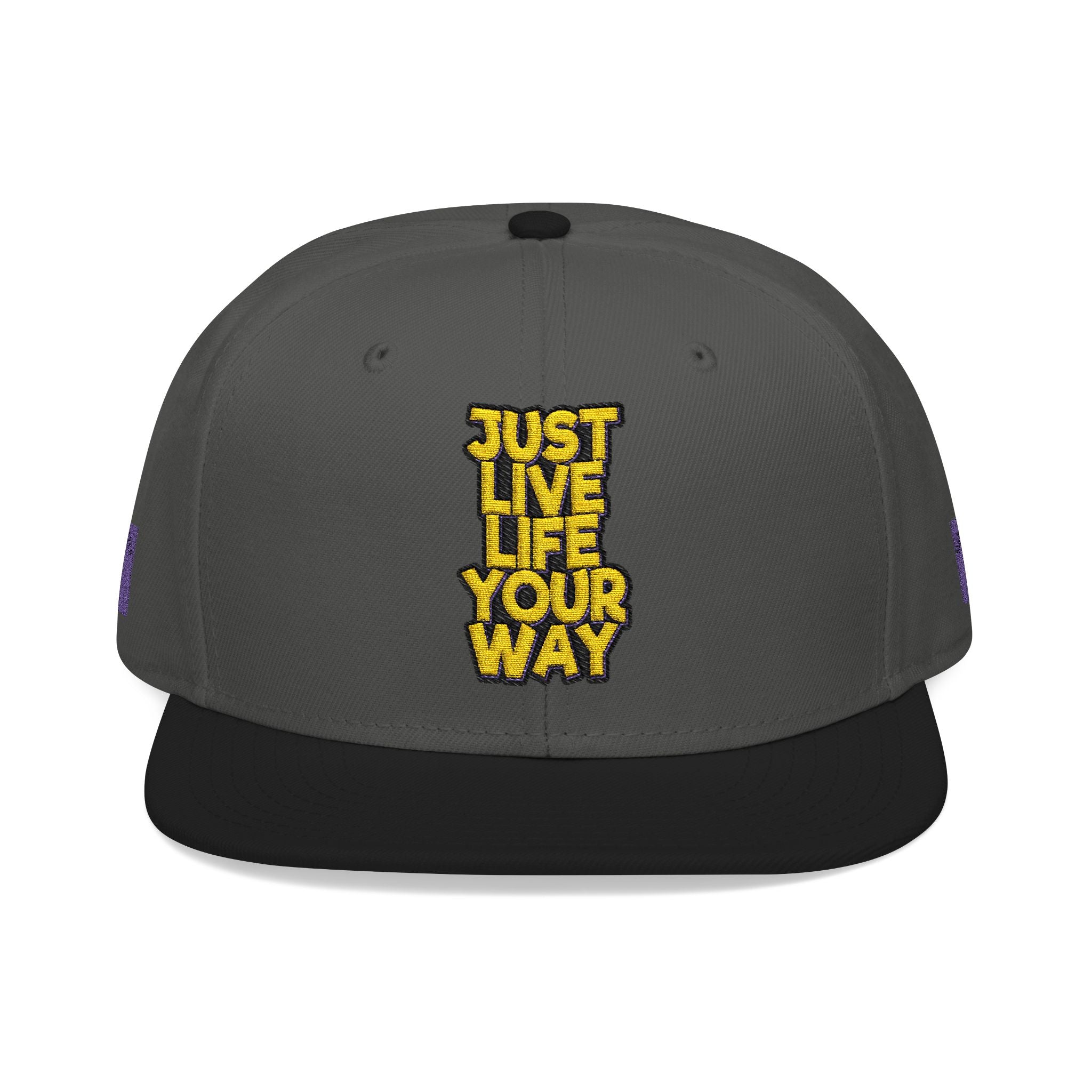 Embroidered Snapback Hat — Bold Yellow 'N' Floral Patch, Purple Side Accent