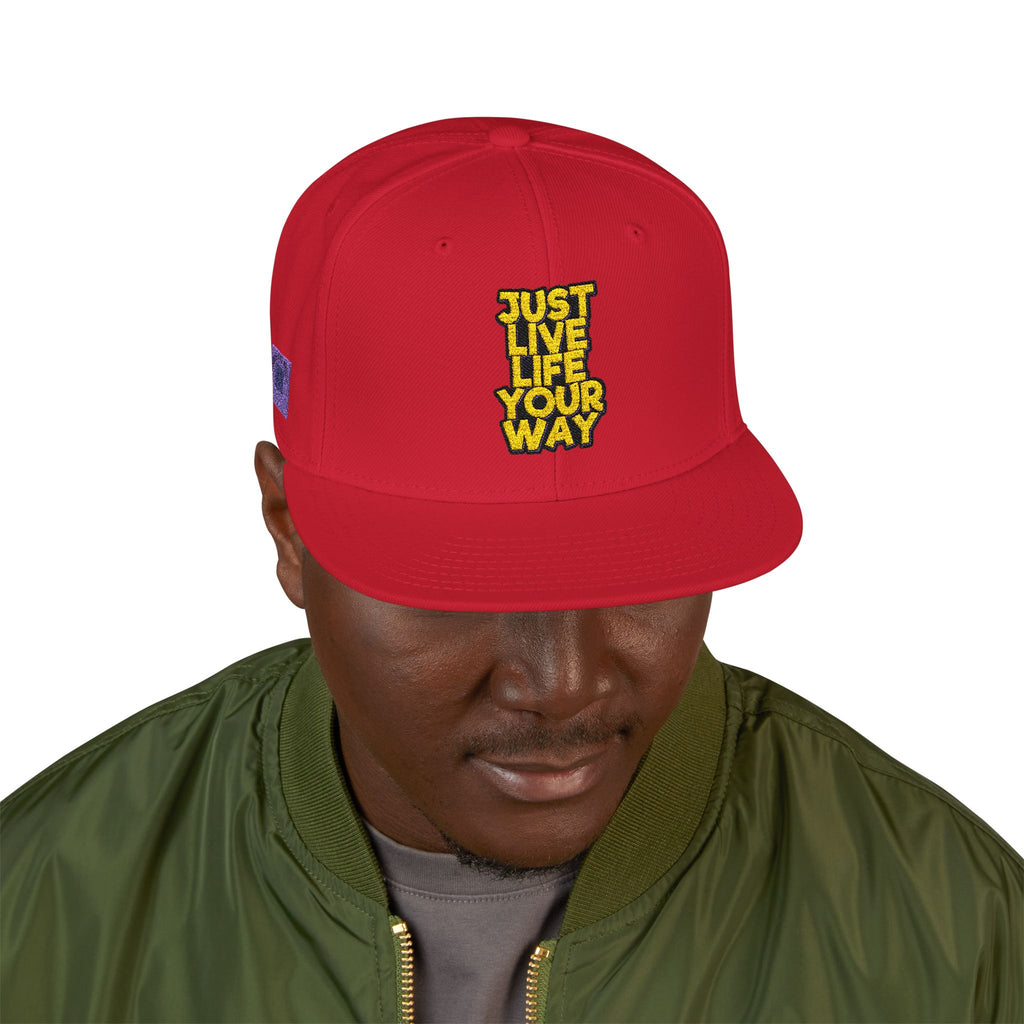 Embroidered Snapback Hat — Bold Yellow 'N' Floral Patch, Purple Side Accent
