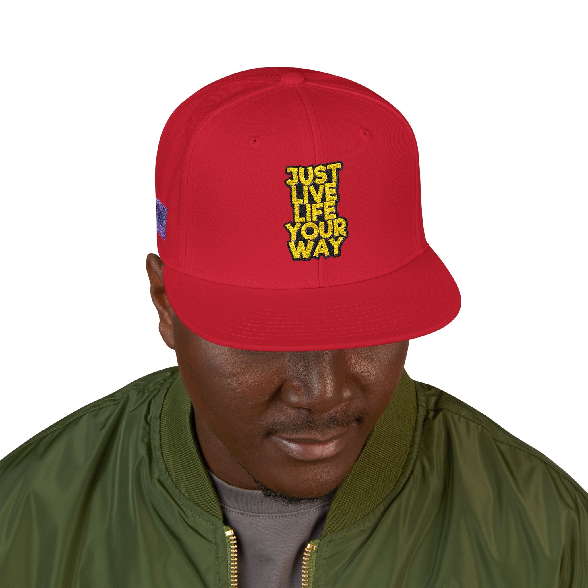 Embroidered Snapback Hat — Bold Yellow 'N' Floral Patch, Purple Side Accent