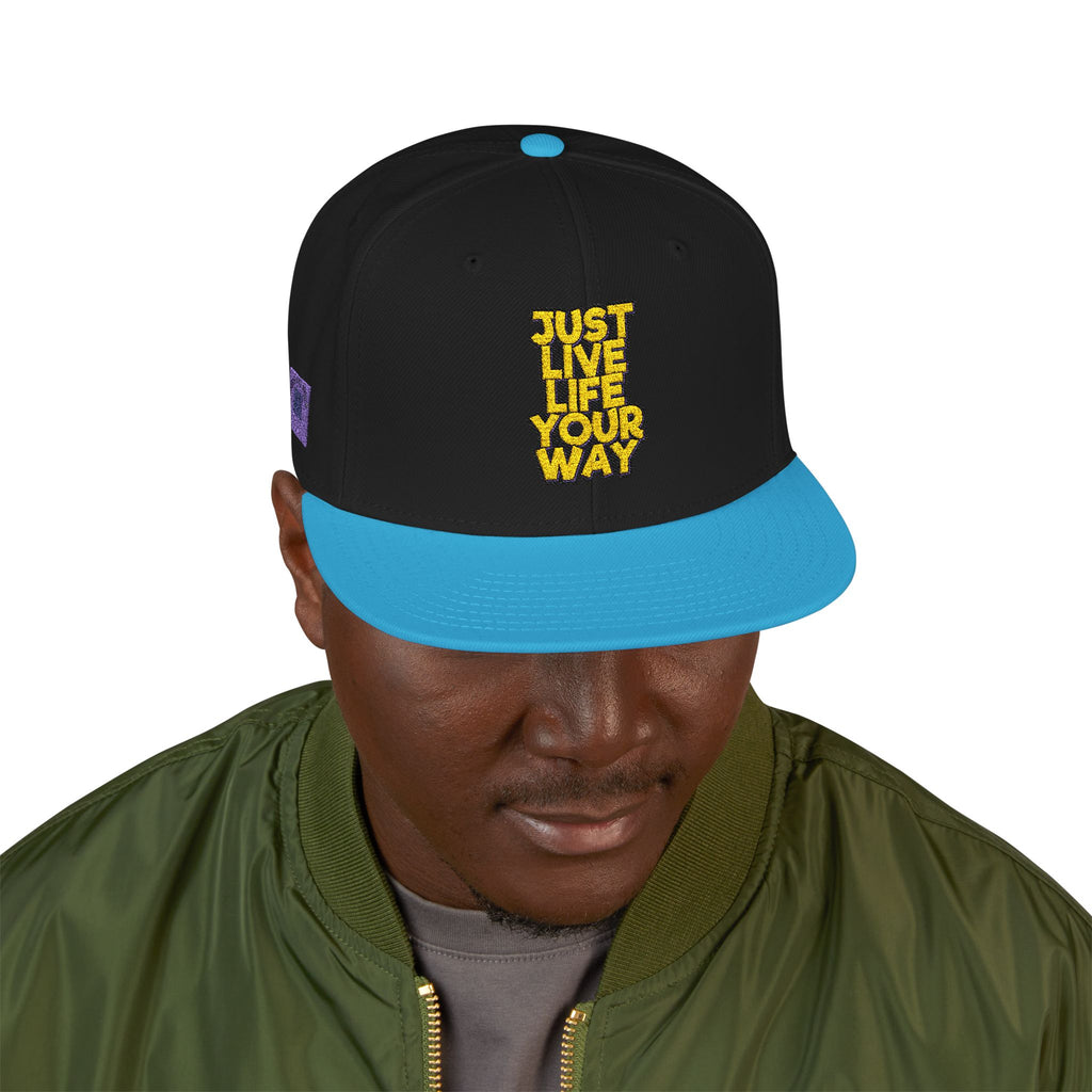 Embroidered Snapback Hat — Bold Yellow 'N' Floral Patch, Purple Side Accent