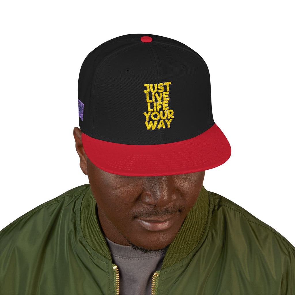 Embroidered Snapback Hat — Bold Yellow 'N' Floral Patch, Purple Side Accent