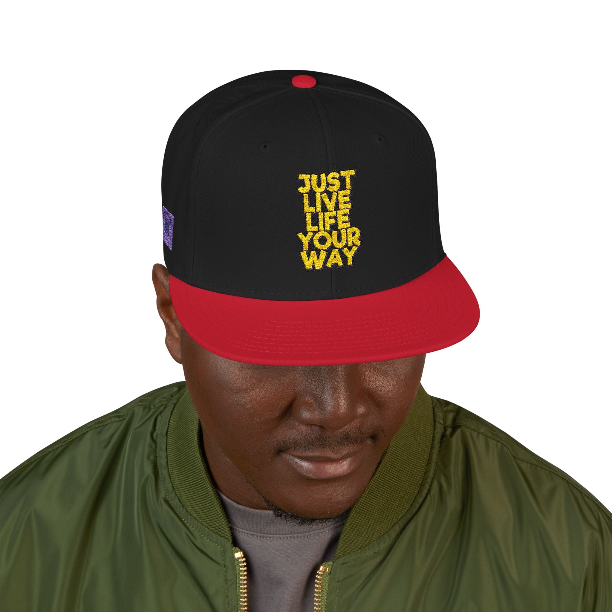Embroidered Snapback Hat — Bold Yellow 'N' Floral Patch, Purple Side Accent