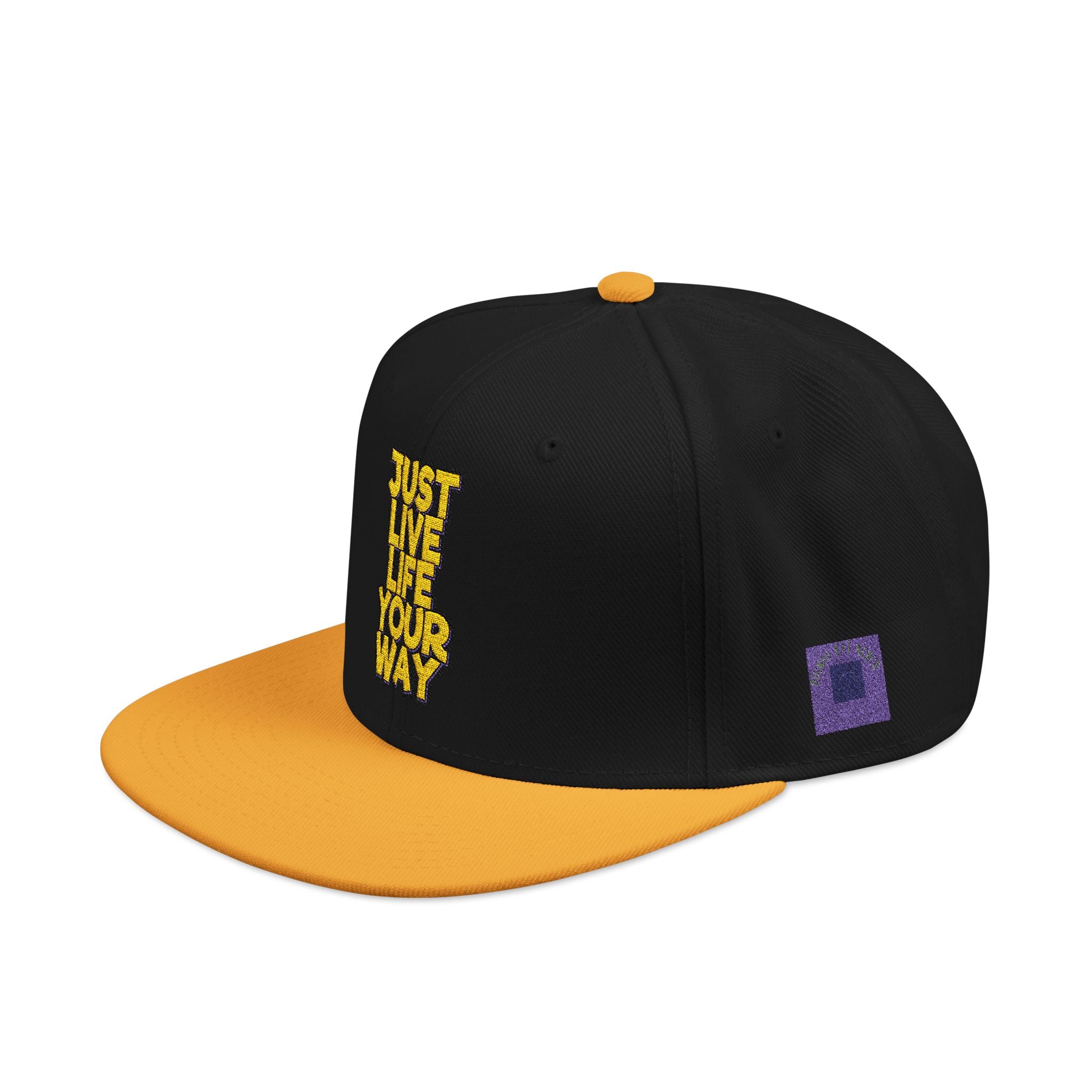 Embroidered Snapback Hat — Bold Yellow 'N' Floral Patch, Purple Side Accent