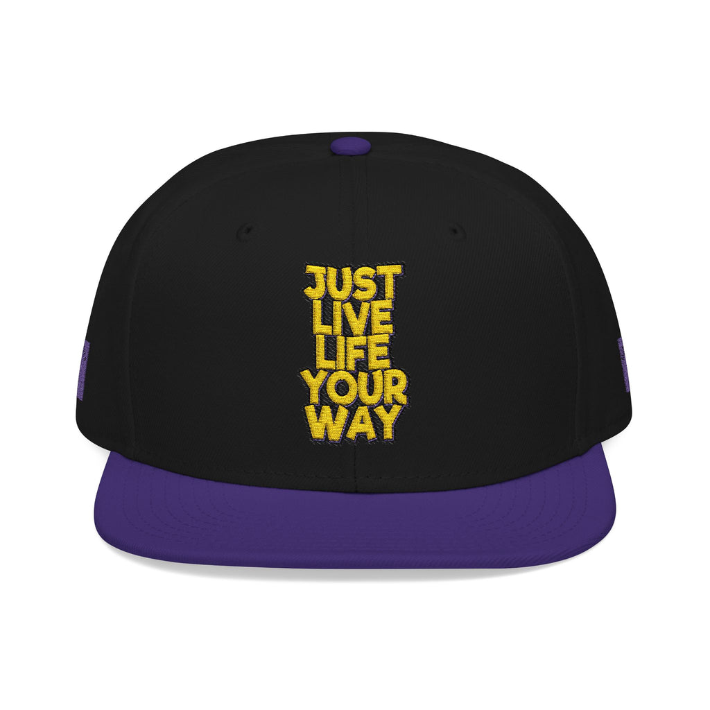 Embroidered Snapback Hat — Bold Yellow 'N' Floral Patch, Purple Side Accent