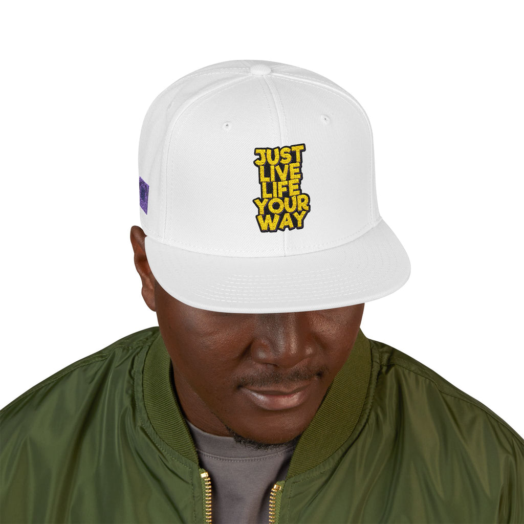 Embroidered Snapback Hat — Bold Yellow 'N' Floral Patch, Purple Side Accent