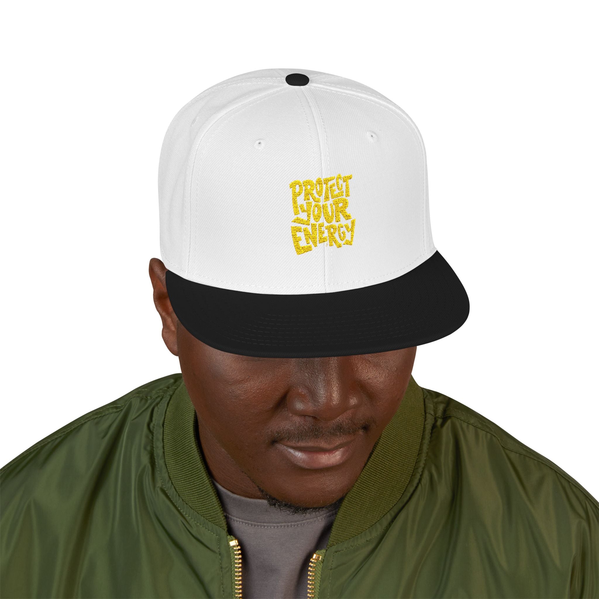 Snapback Hat — Yellow Box Script Embroidery
