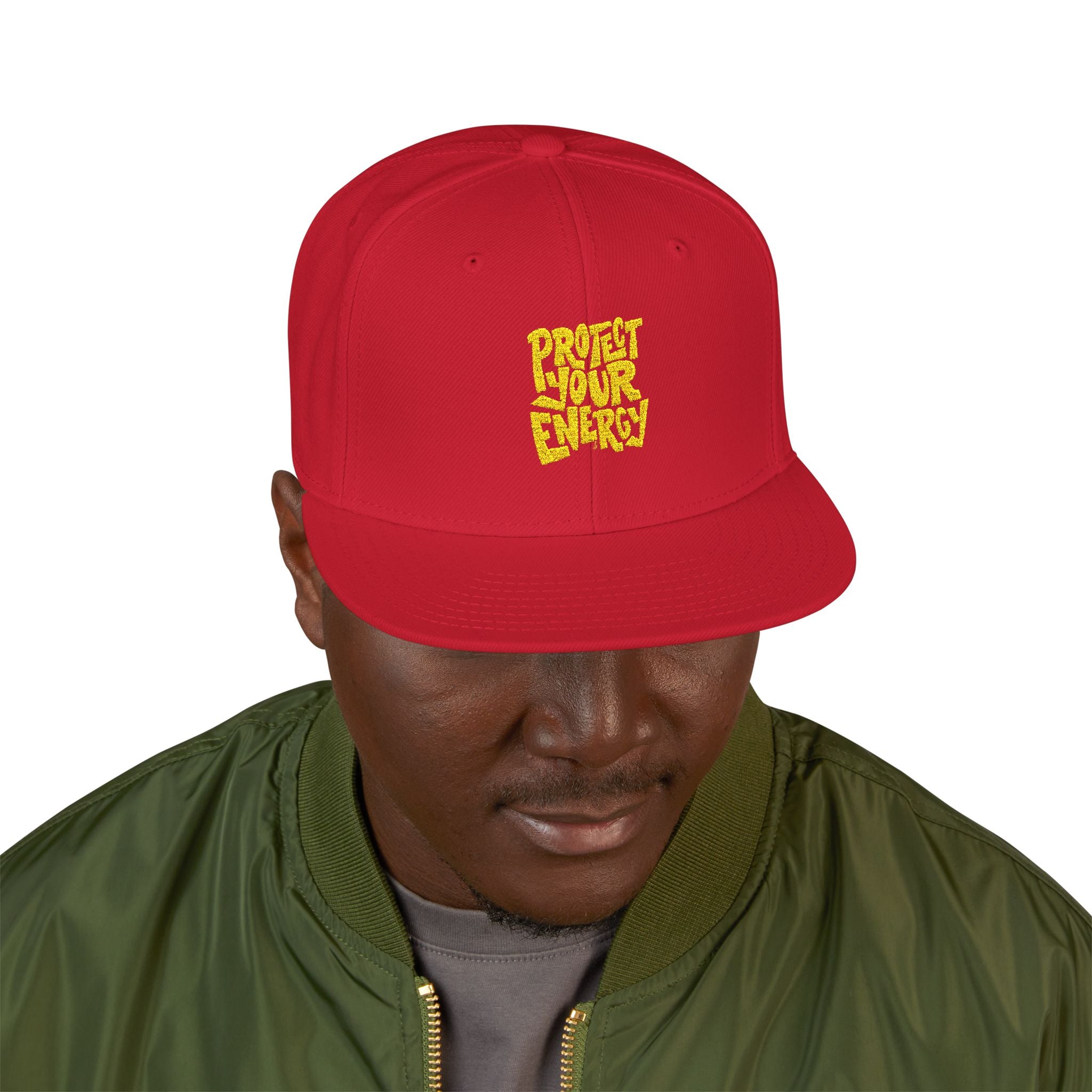 Snapback Hat — Yellow Box Script Embroidery