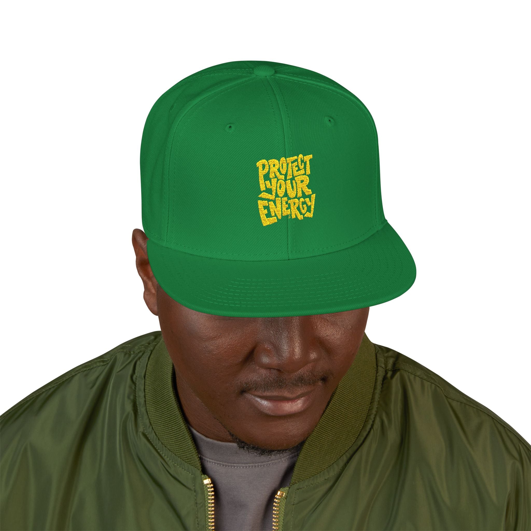 Snapback Hat — Yellow Box Script Embroidery