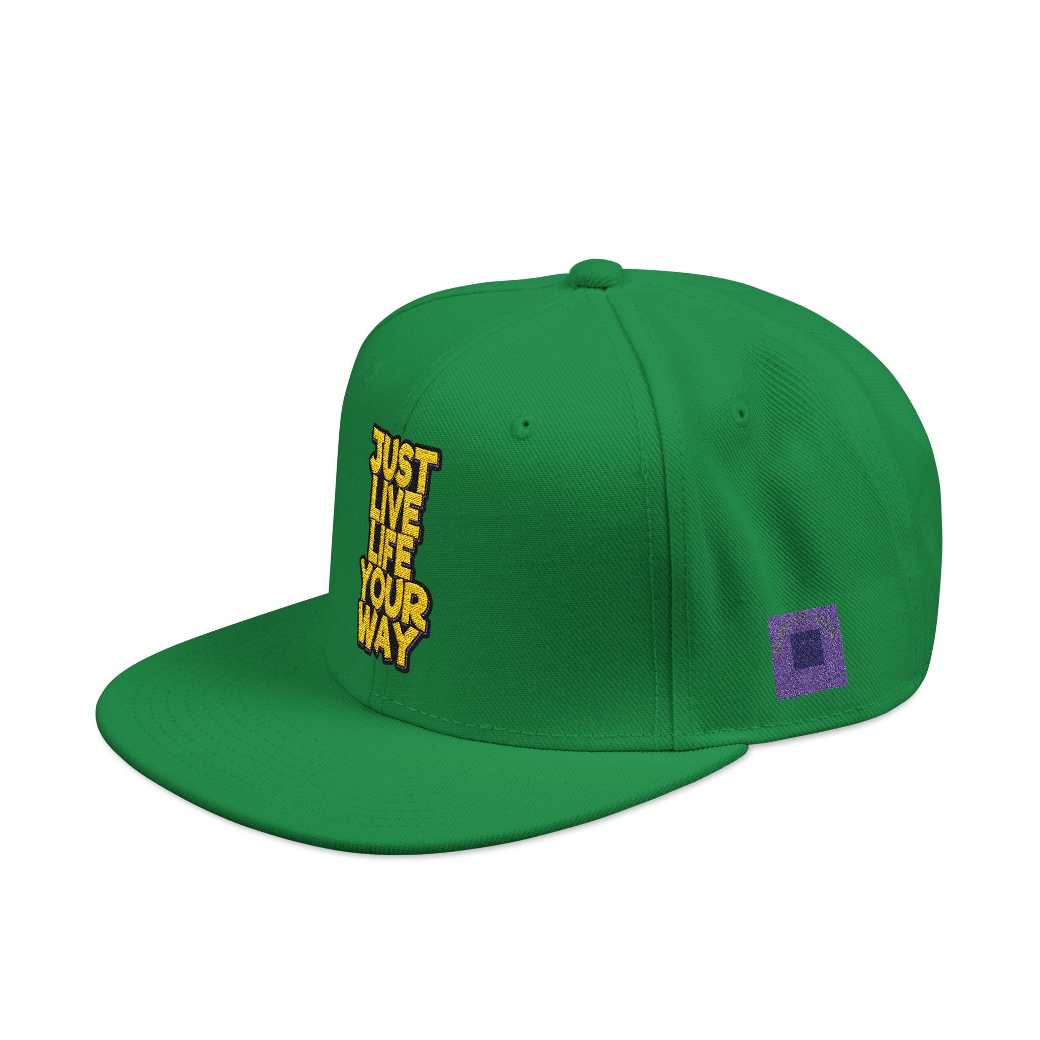 Embroidered Snapback Hat — Bold Yellow 'N' Floral Patch, Purple Side Accent