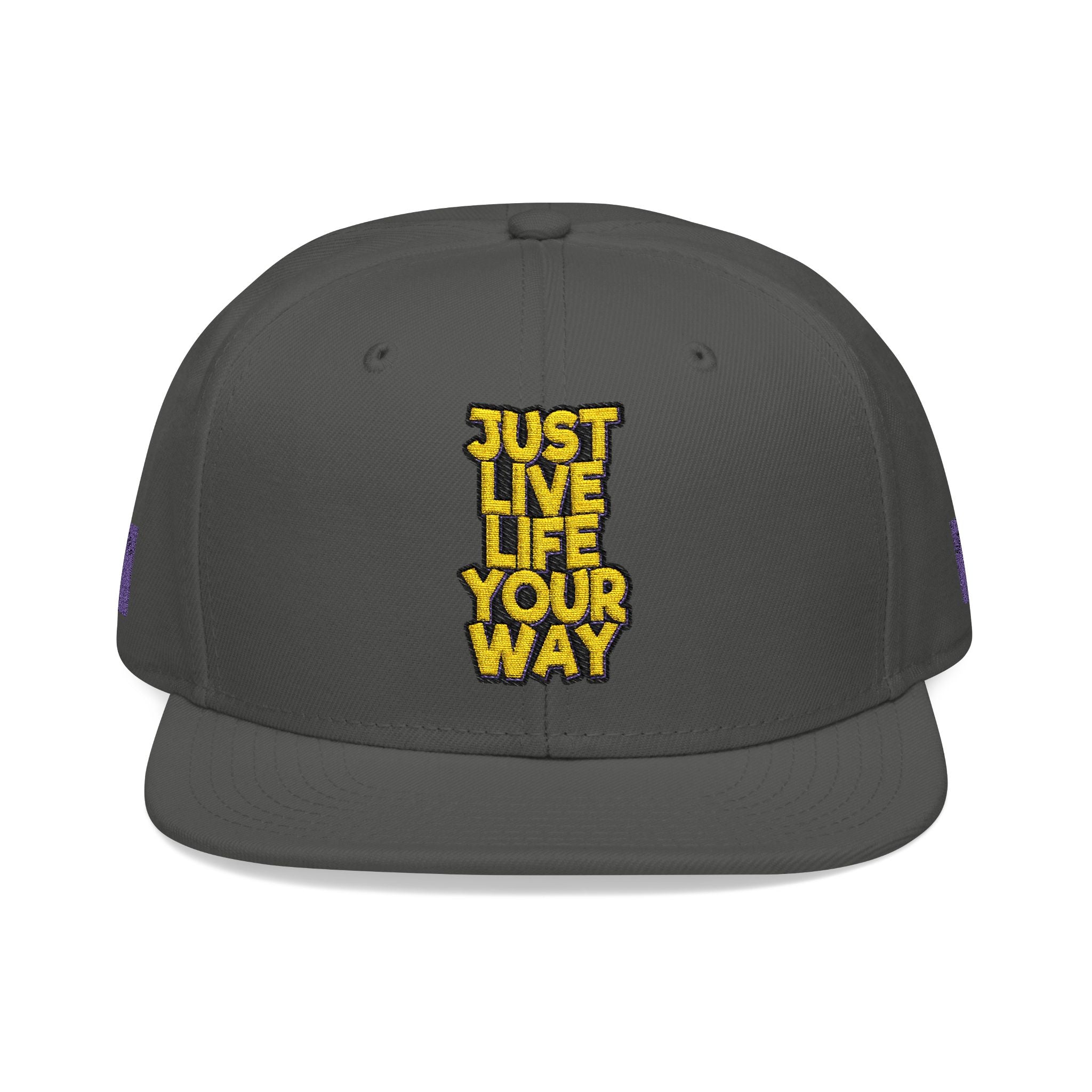 Embroidered Snapback Hat — Bold Yellow 'N' Floral Patch, Purple Side Accent