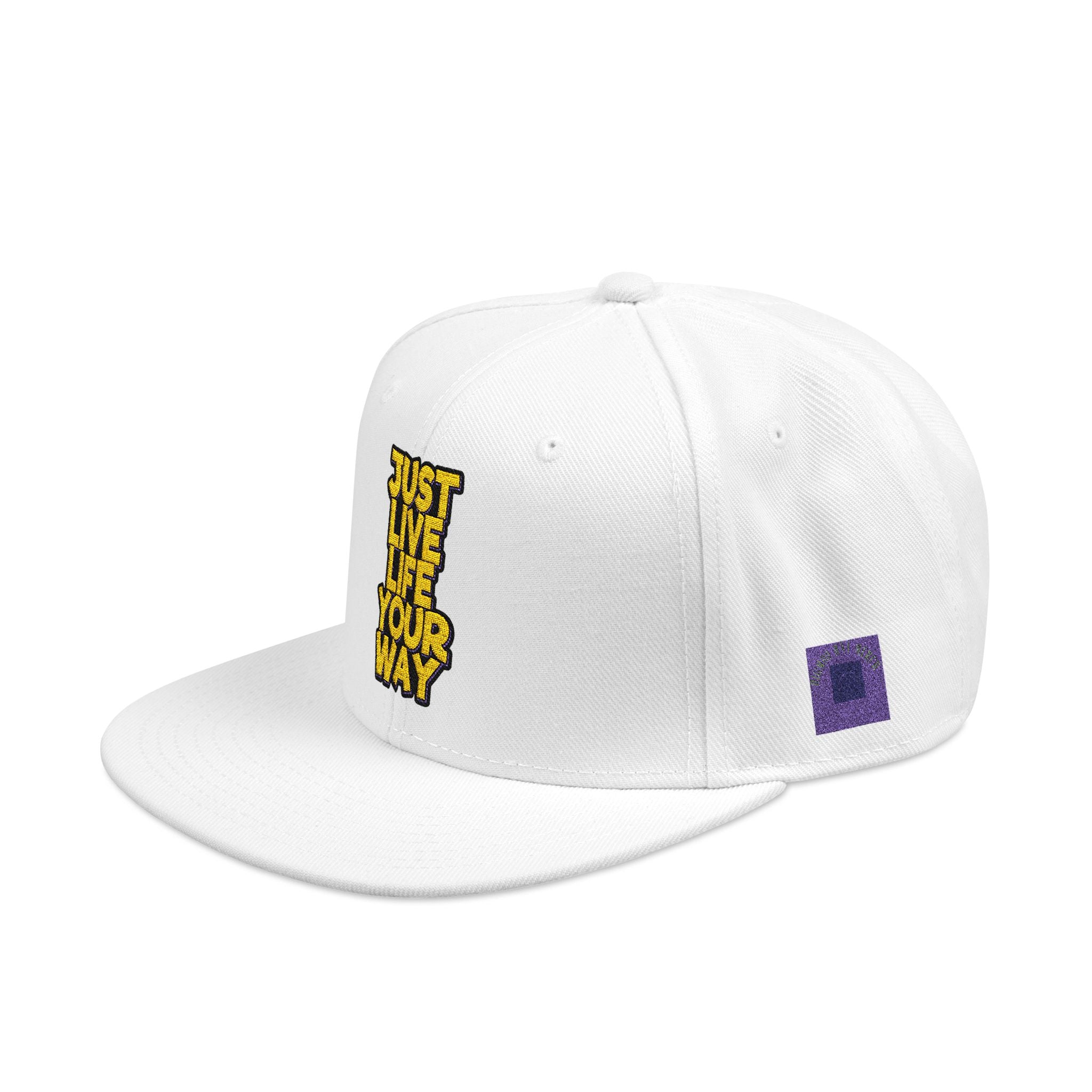 Embroidered Snapback Hat — Bold Yellow 'N' Floral Patch, Purple Side Accent