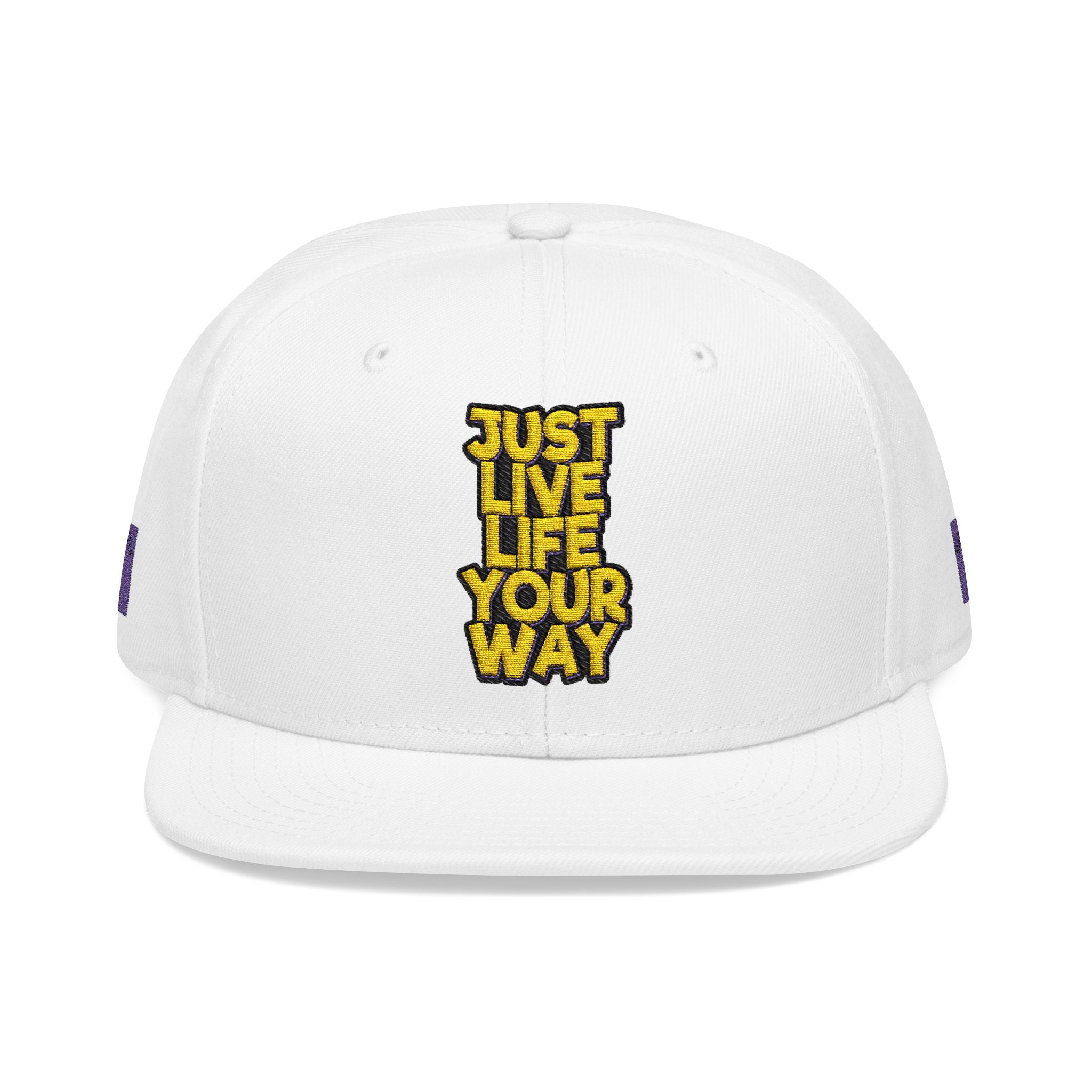 Embroidered Snapback Hat — Bold Yellow 'N' Floral Patch, Purple Side Accent