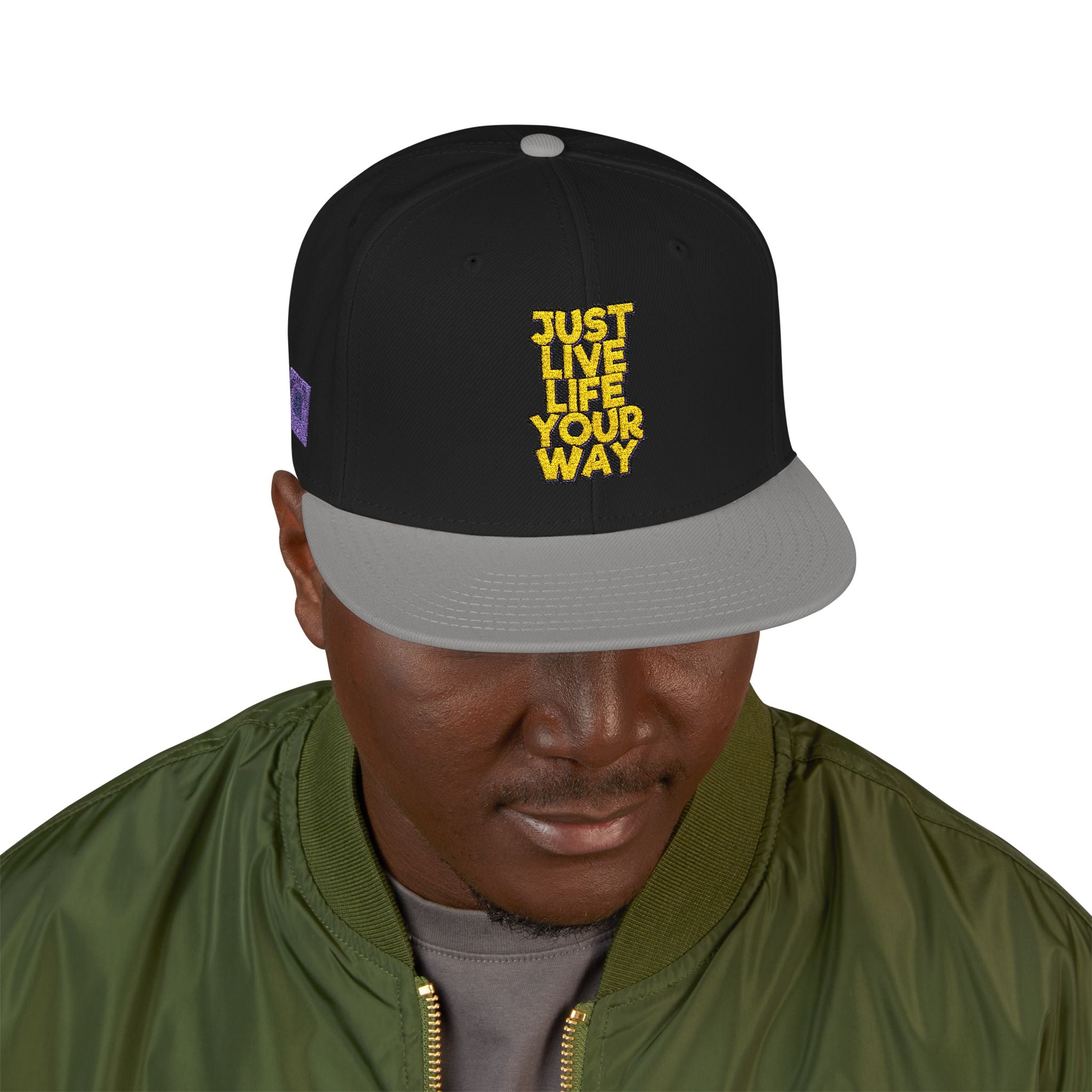 Embroidered Snapback Hat — Bold Yellow 'N' Floral Patch, Purple Side Accent