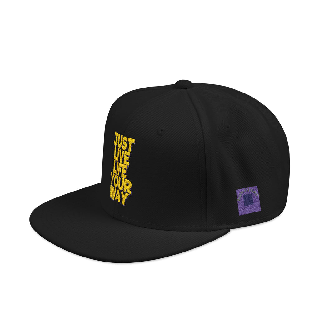 Embroidered Snapback Hat — Bold Yellow 'N' Floral Patch, Purple Side Accent