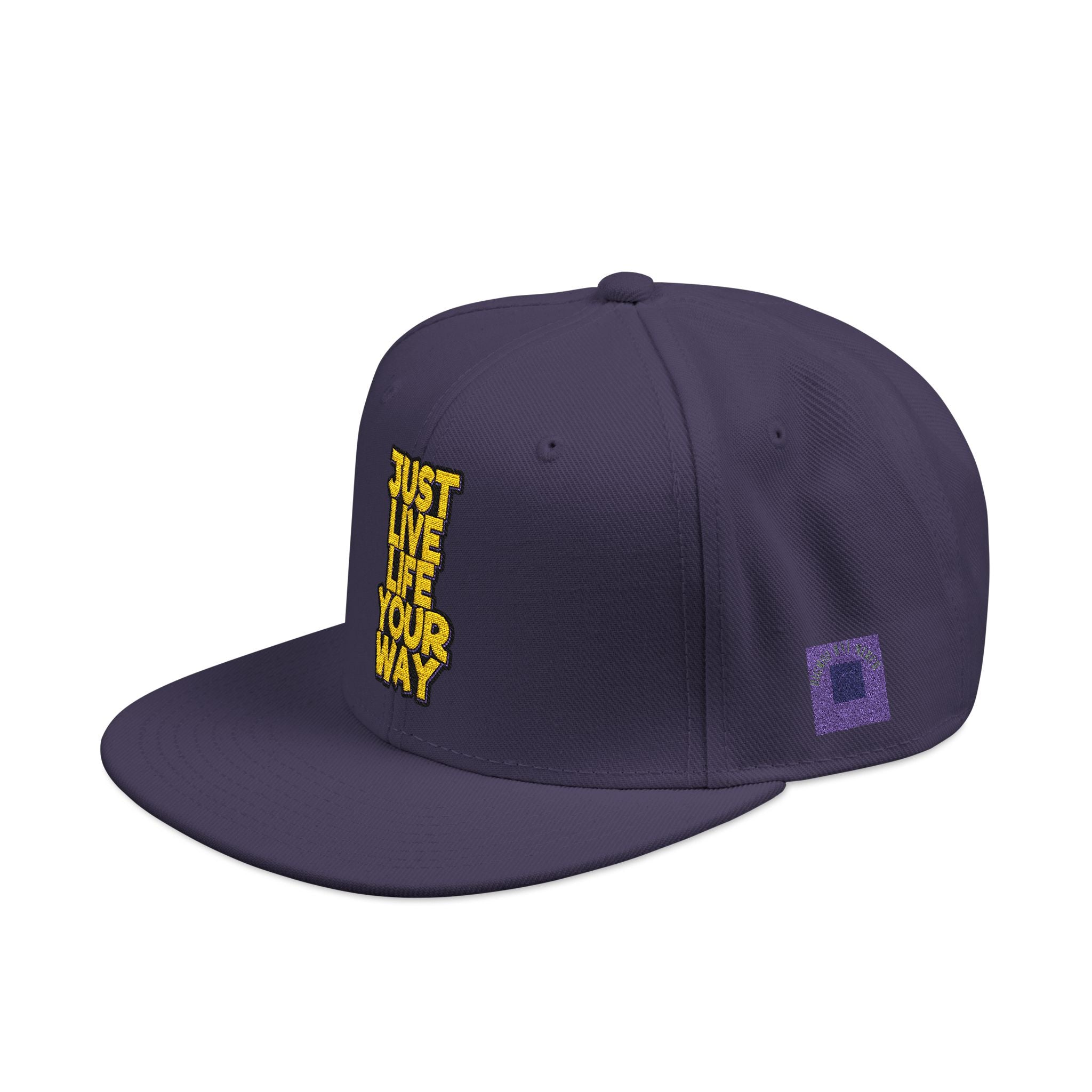Embroidered Snapback Hat — Bold Yellow 'N' Floral Patch, Purple Side Accent