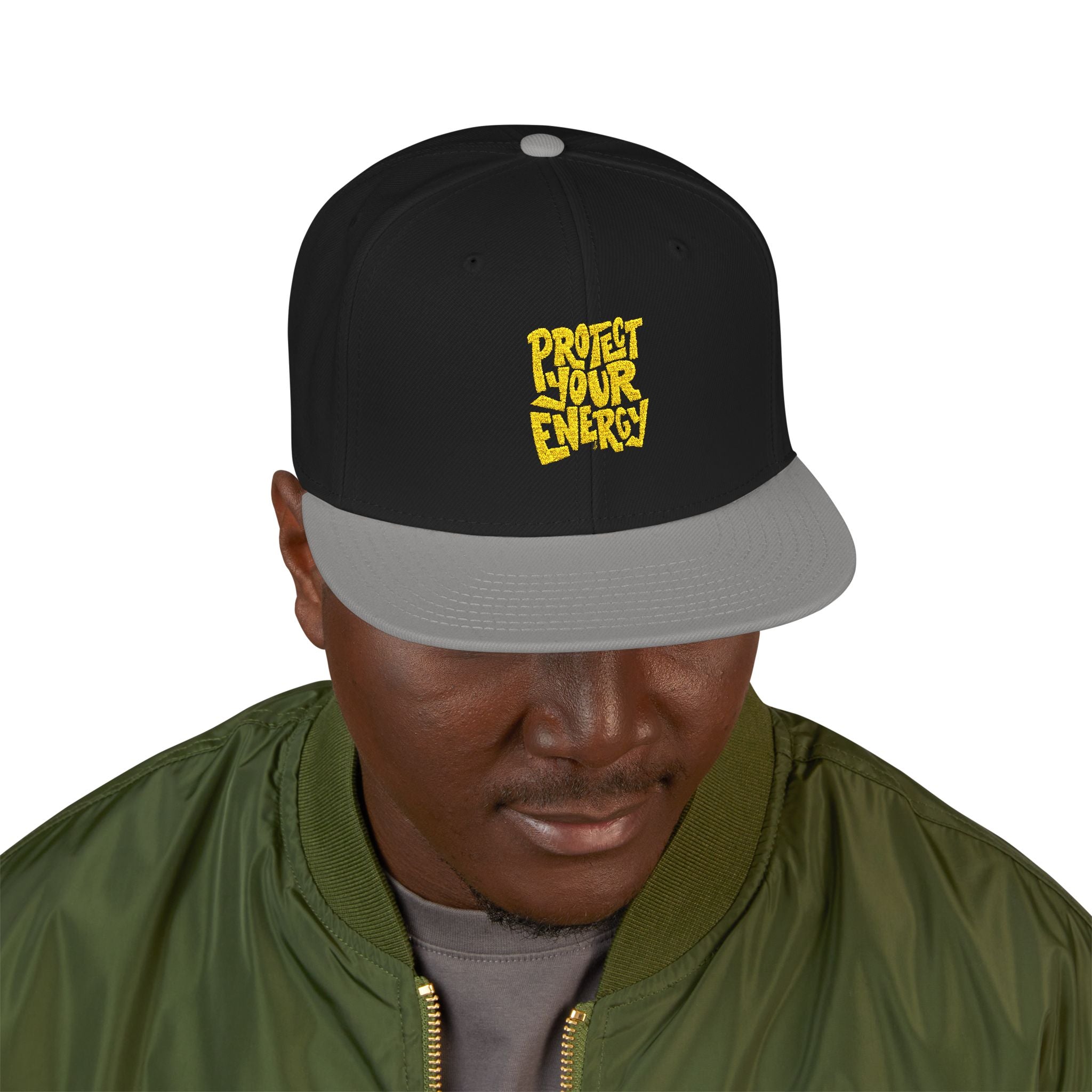 Snapback Hat — Yellow Box Script Embroidery