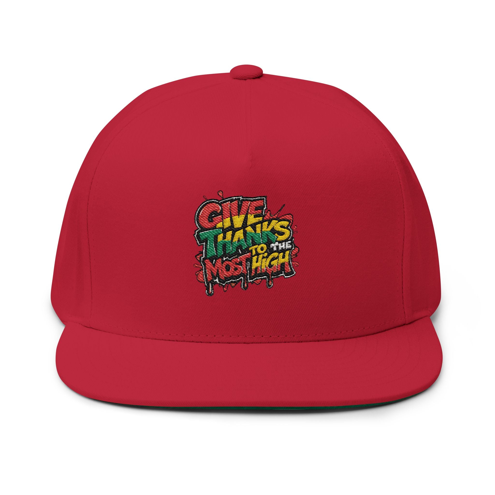 Flat Bill Cap — Colorful Graffiti “Give Thanks to the Most High” Embroidered Snapback