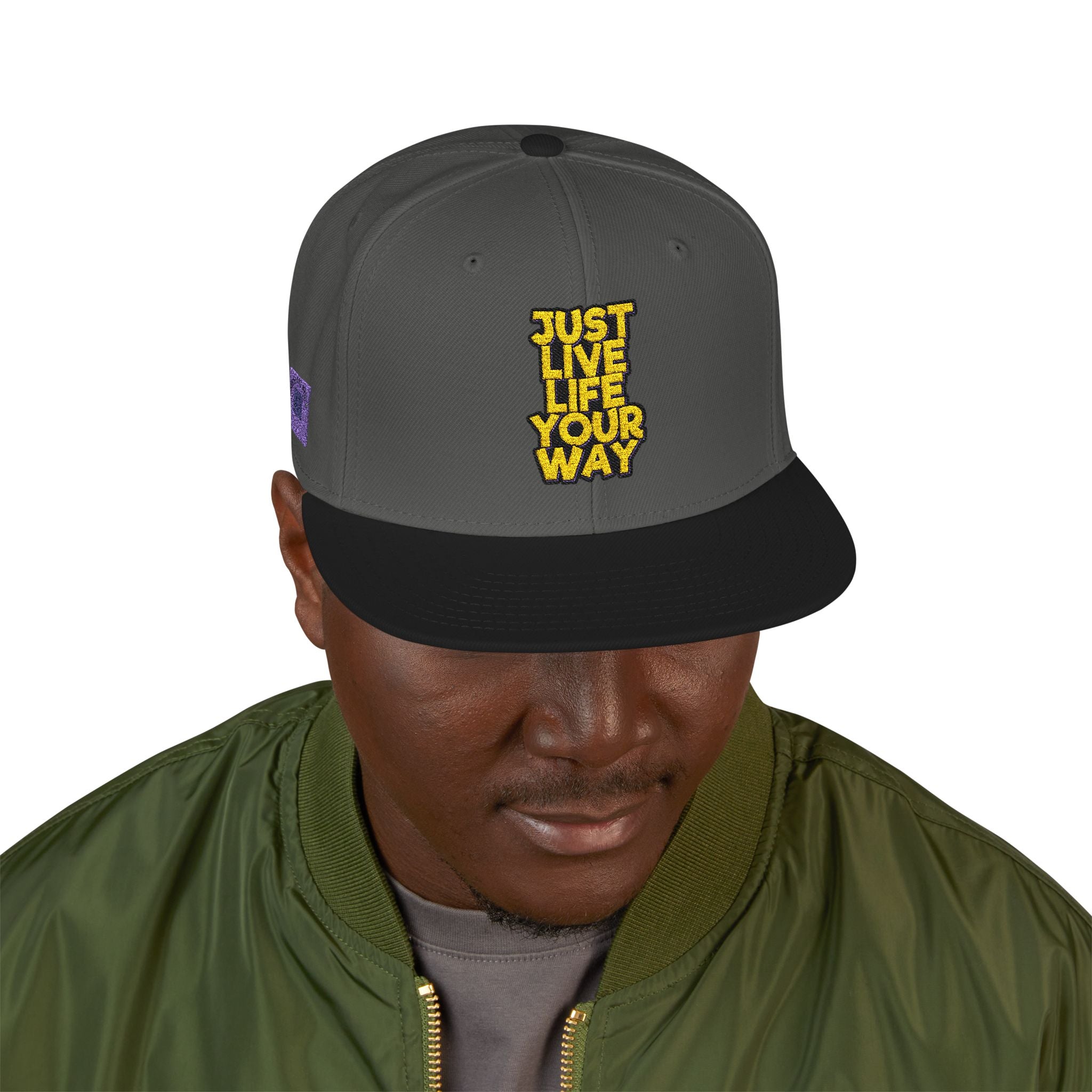 Embroidered Snapback Hat — Bold Yellow 'N' Floral Patch, Purple Side Accent