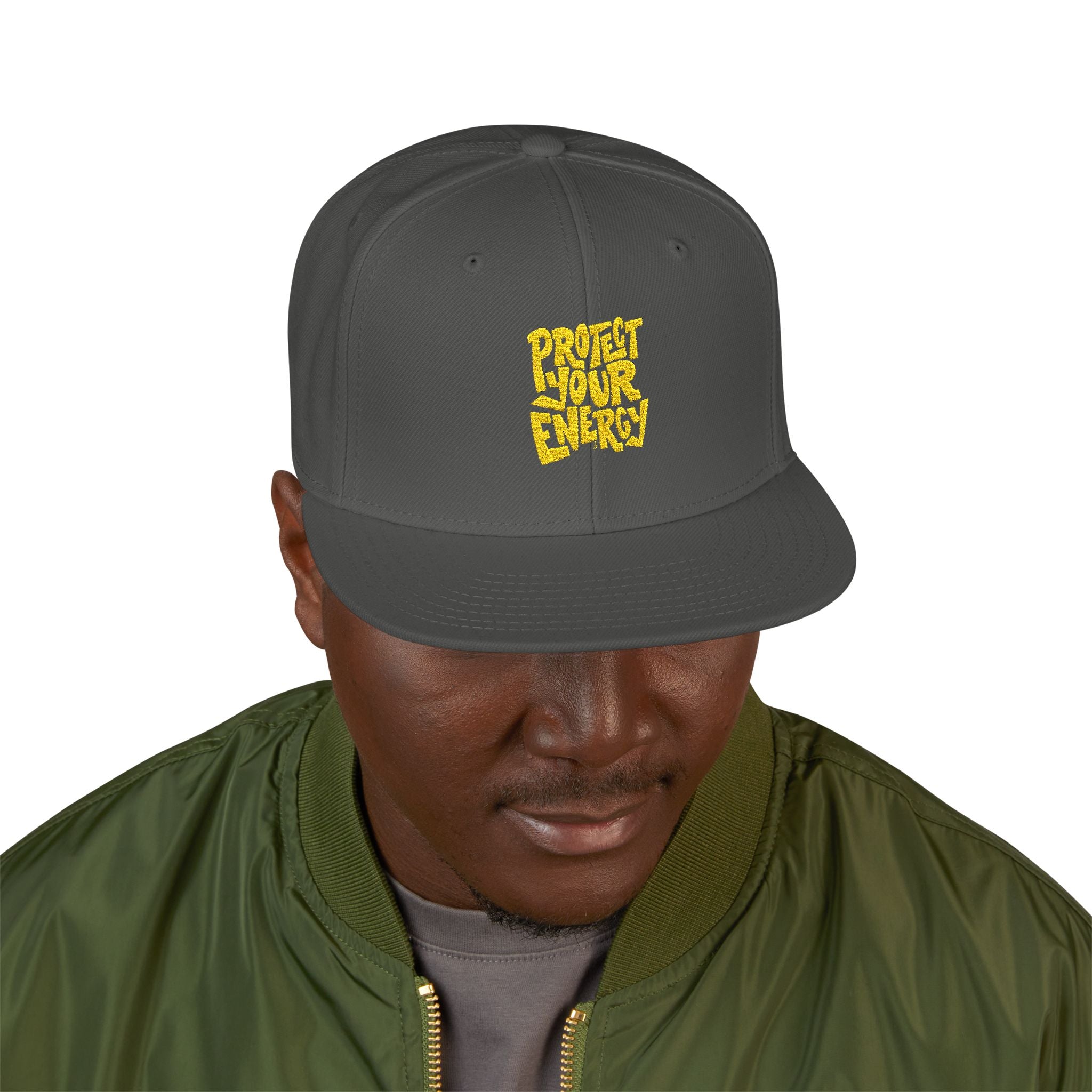 Snapback Hat — Yellow Box Script Embroidery