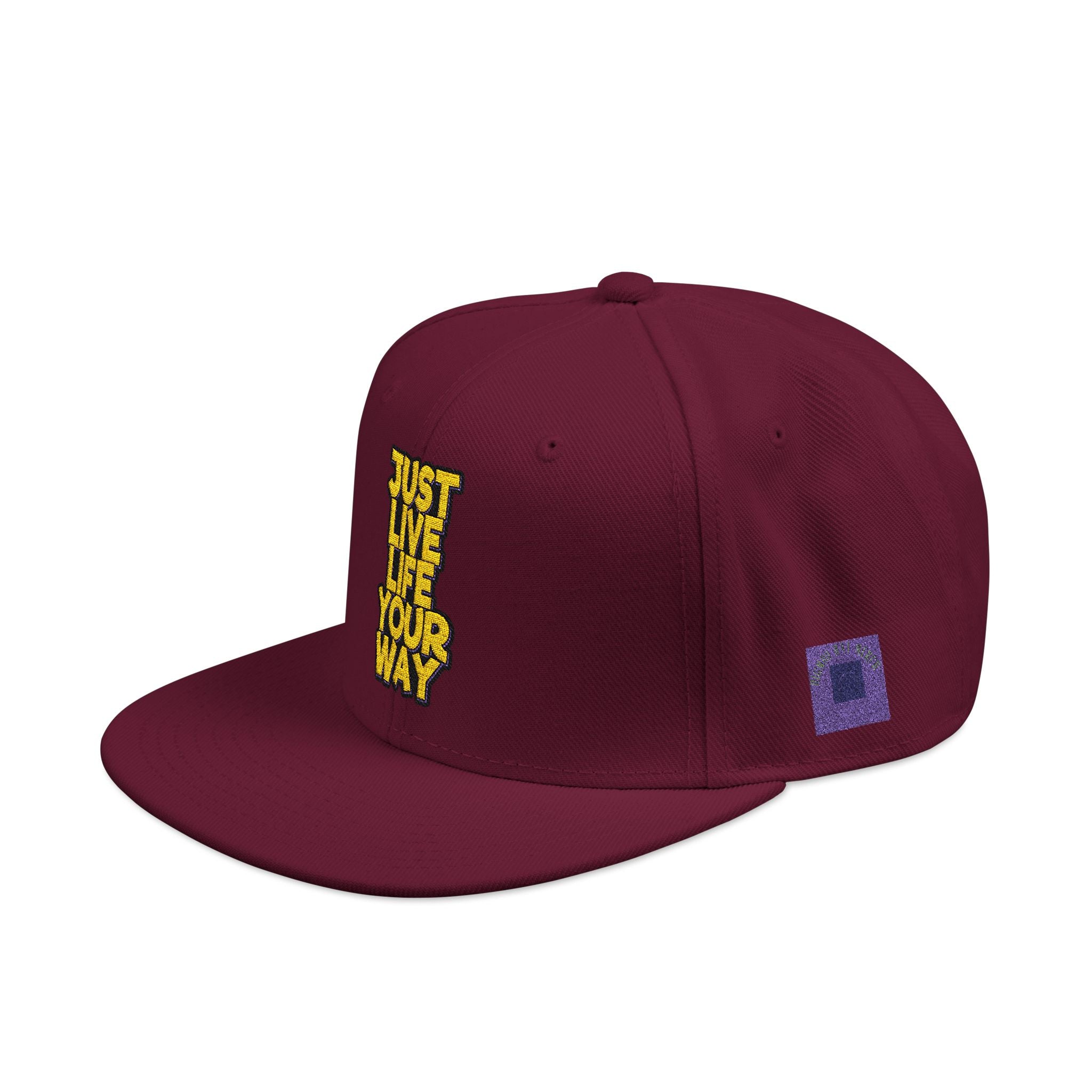 Embroidered Snapback Hat — Bold Yellow 'N' Floral Patch, Purple Side Accent