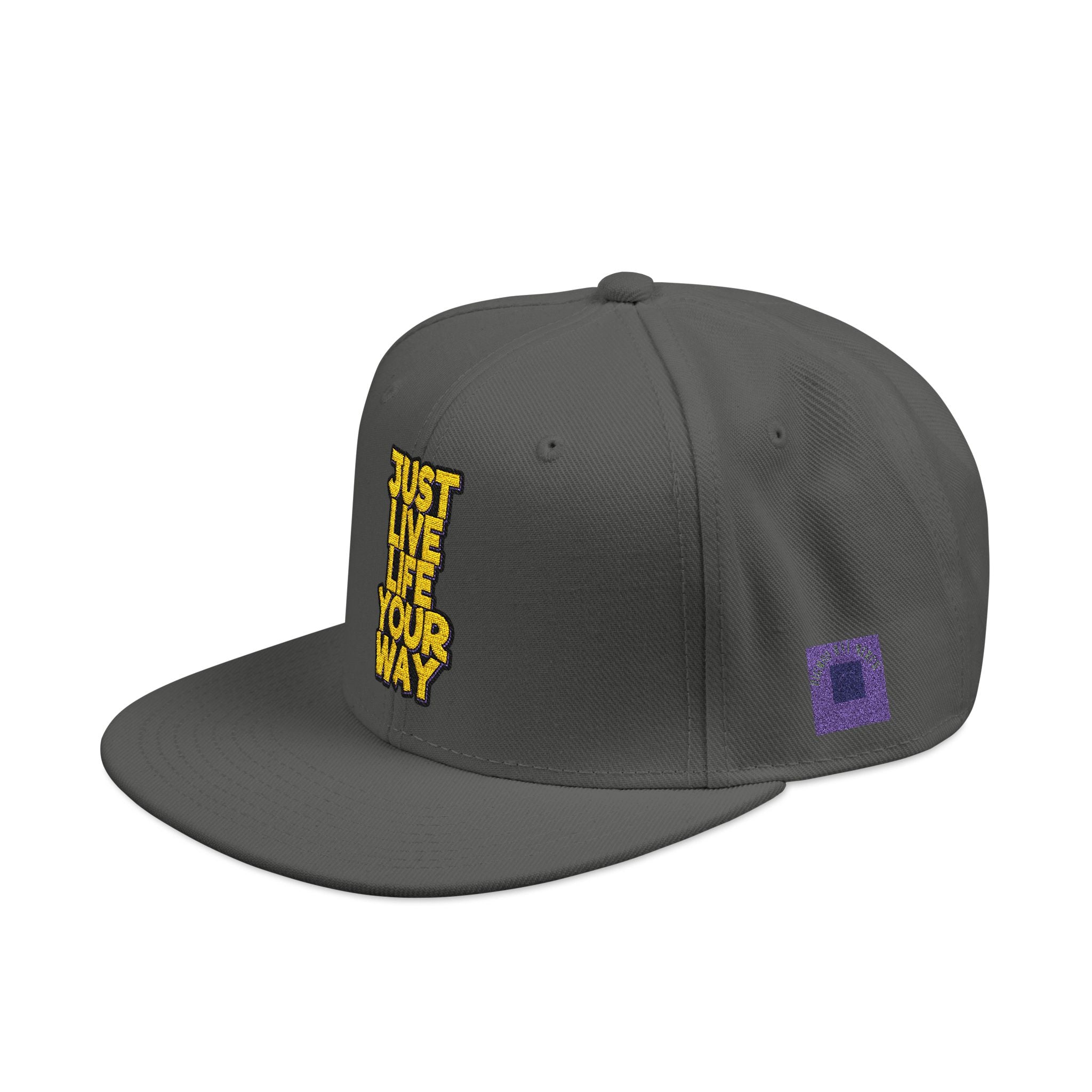 Embroidered Snapback Hat — Bold Yellow 'N' Floral Patch, Purple Side Accent