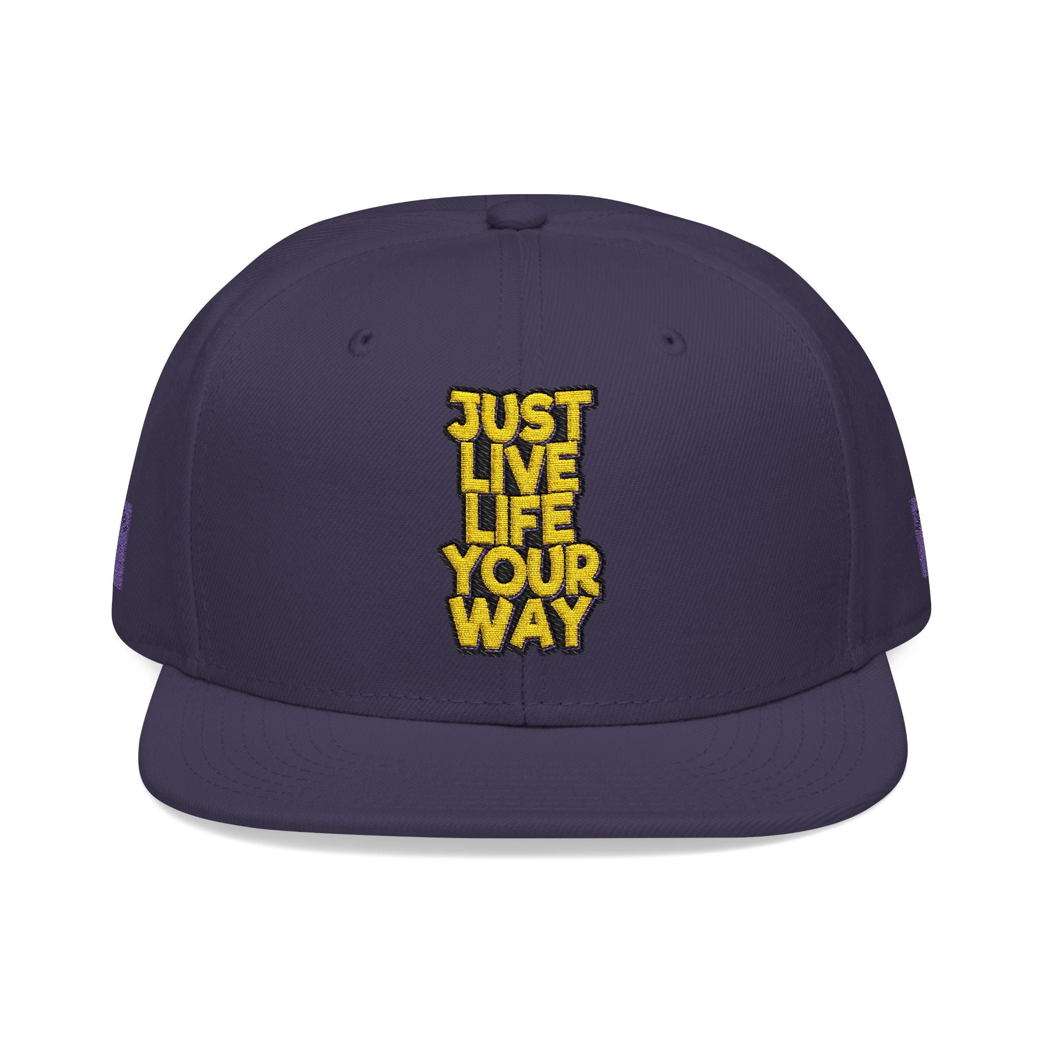 Embroidered Snapback Hat — Bold Yellow 'N' Floral Patch, Purple Side Accent