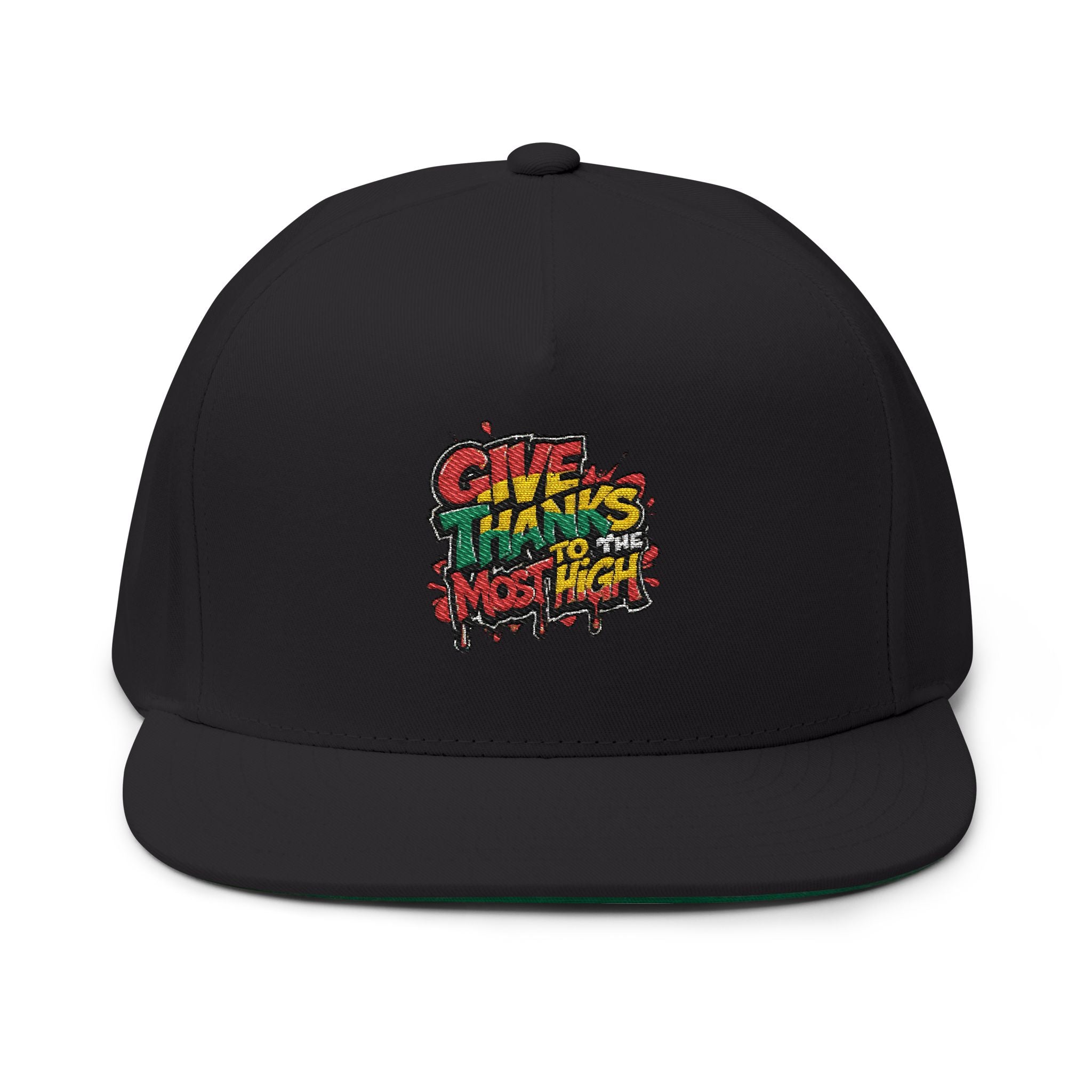 Flat Bill Cap — Colorful Graffiti “Give Thanks to the Most High” Embroidered Snapback