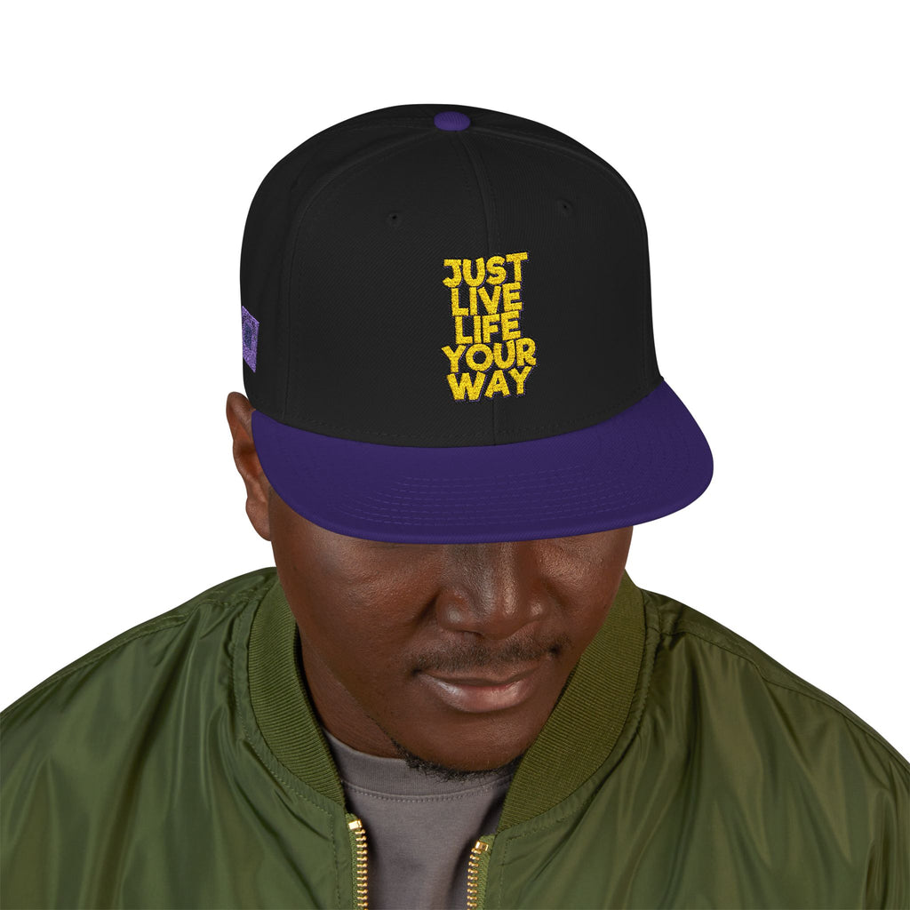 Embroidered Snapback Hat — Bold Yellow 'N' Floral Patch, Purple Side Accent