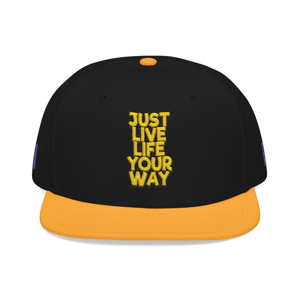 Embroidered Snapback Hat — Bold Yellow 'N' Floral Patch, Purple Side Accent