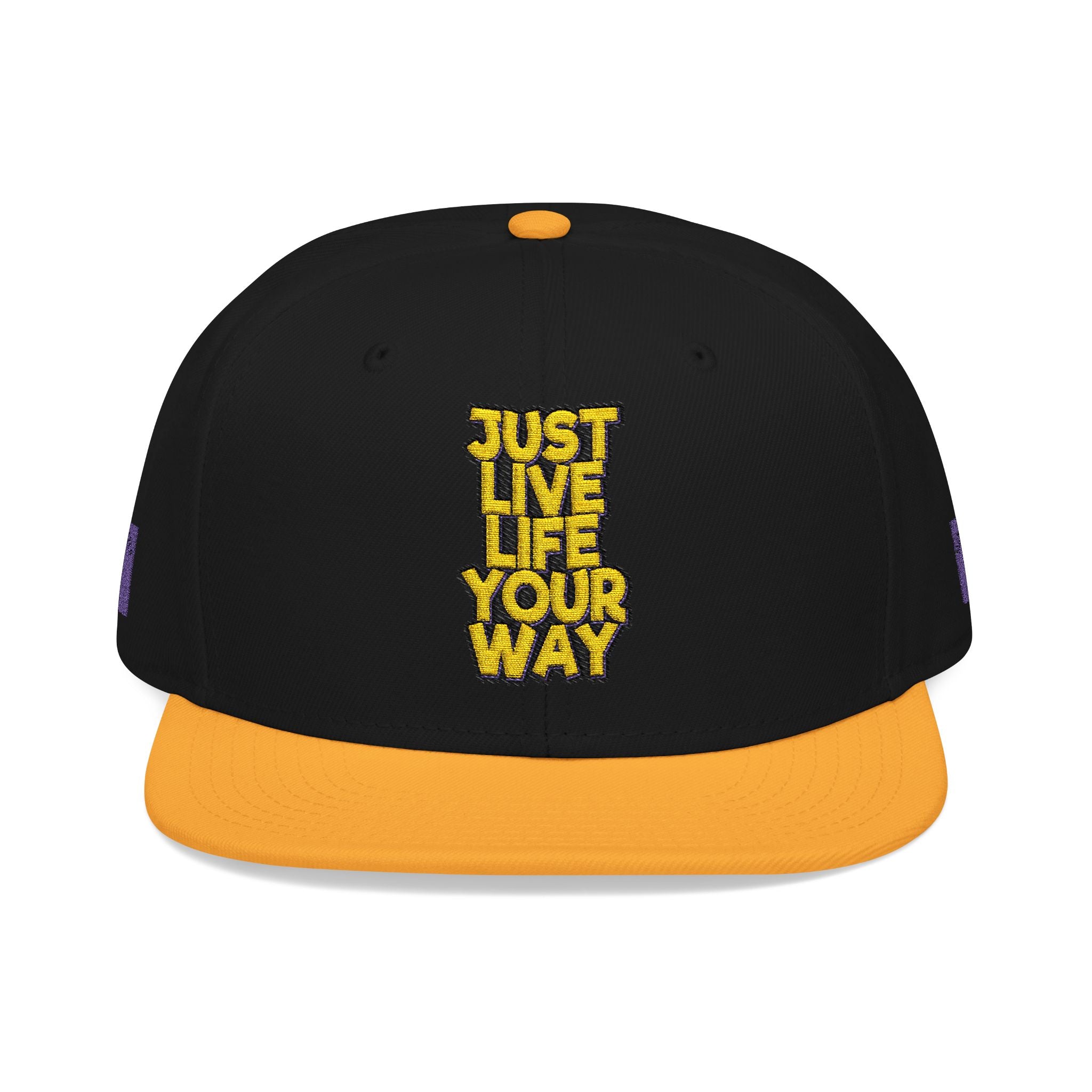 Embroidered Snapback Hat — Bold Yellow 'N' Floral Patch, Purple Side Accent