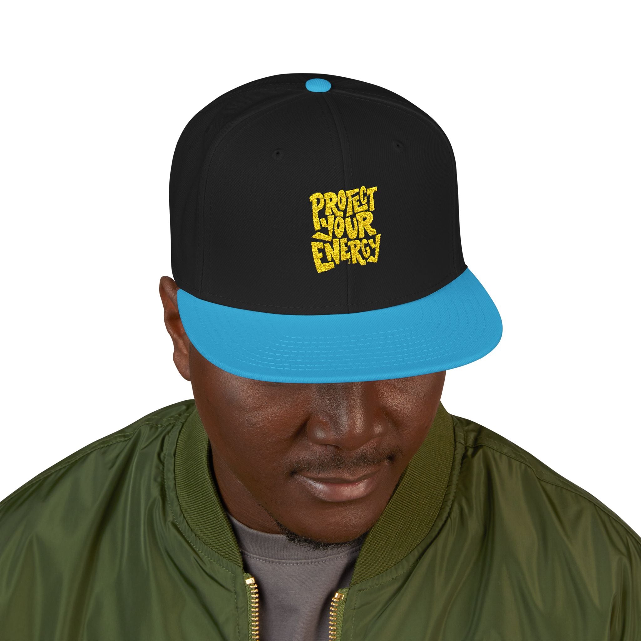 Snapback Hat — Yellow Box Script Embroidery