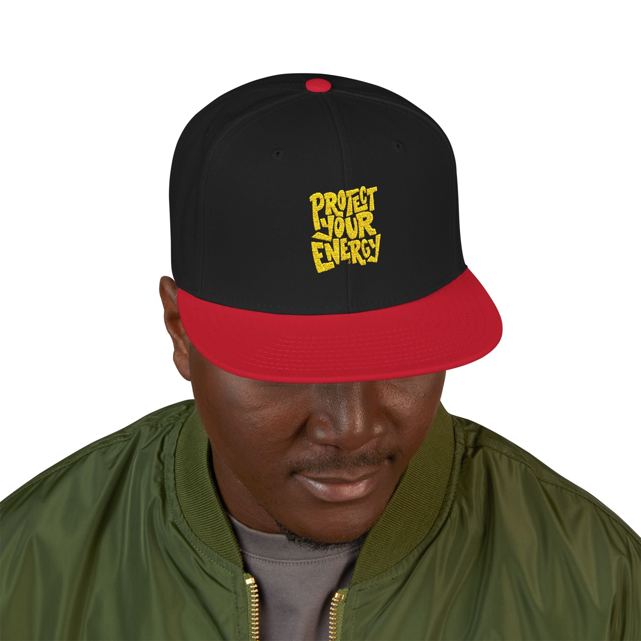 Snapback Hat — Yellow Box Script Embroidery