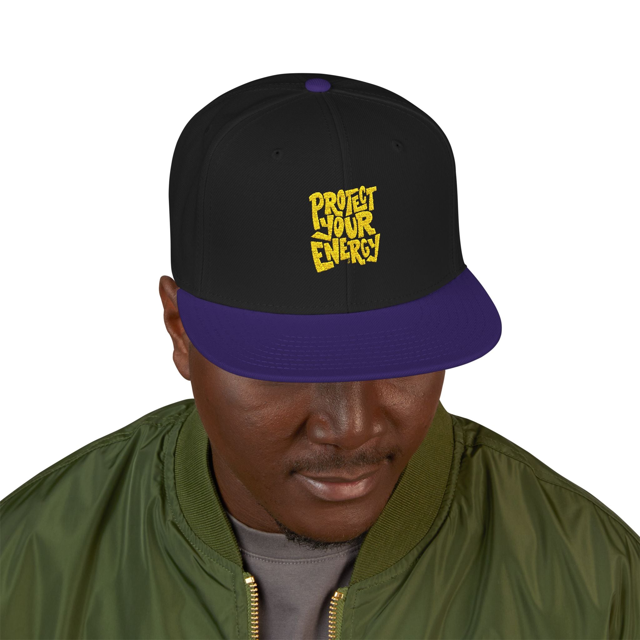 Snapback Hat — Yellow Box Script Embroidery