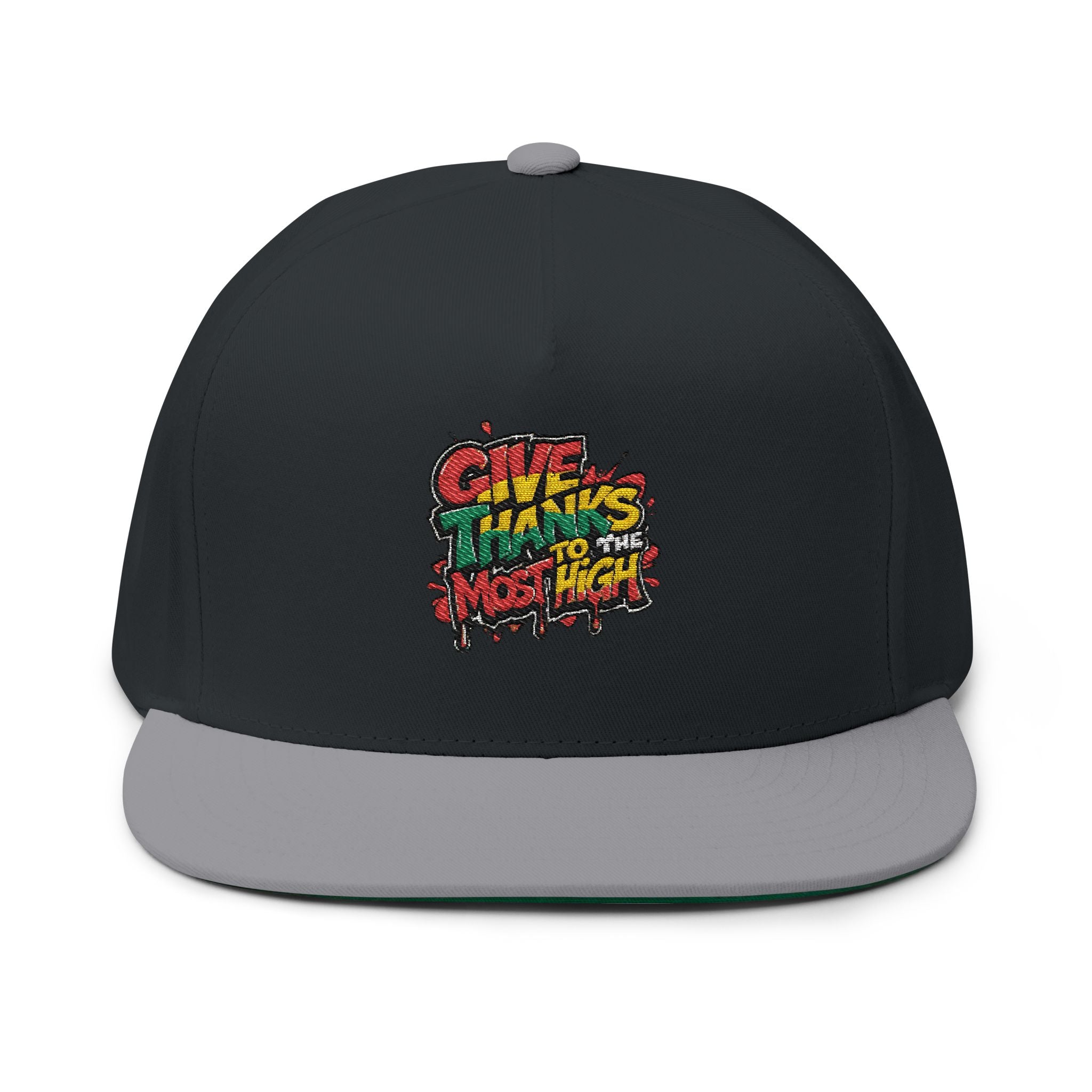 Flat Bill Cap — Colorful Graffiti “Give Thanks to the Most High” Embroidered Snapback