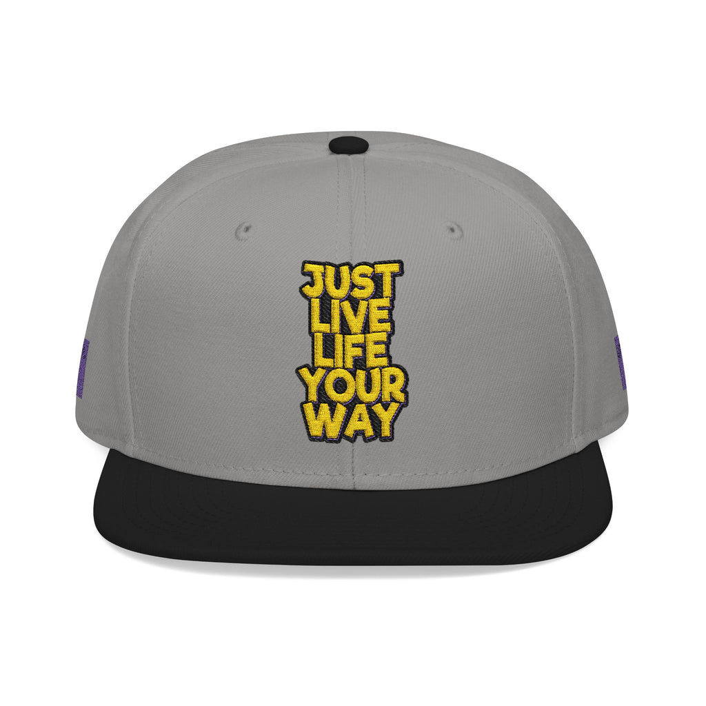 Embroidered Snapback Hat — Bold Yellow 'N' Floral Patch, Purple Side Accent