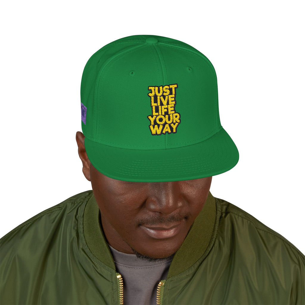 Embroidered Snapback Hat — Bold Yellow 'N' Floral Patch, Purple Side Accent