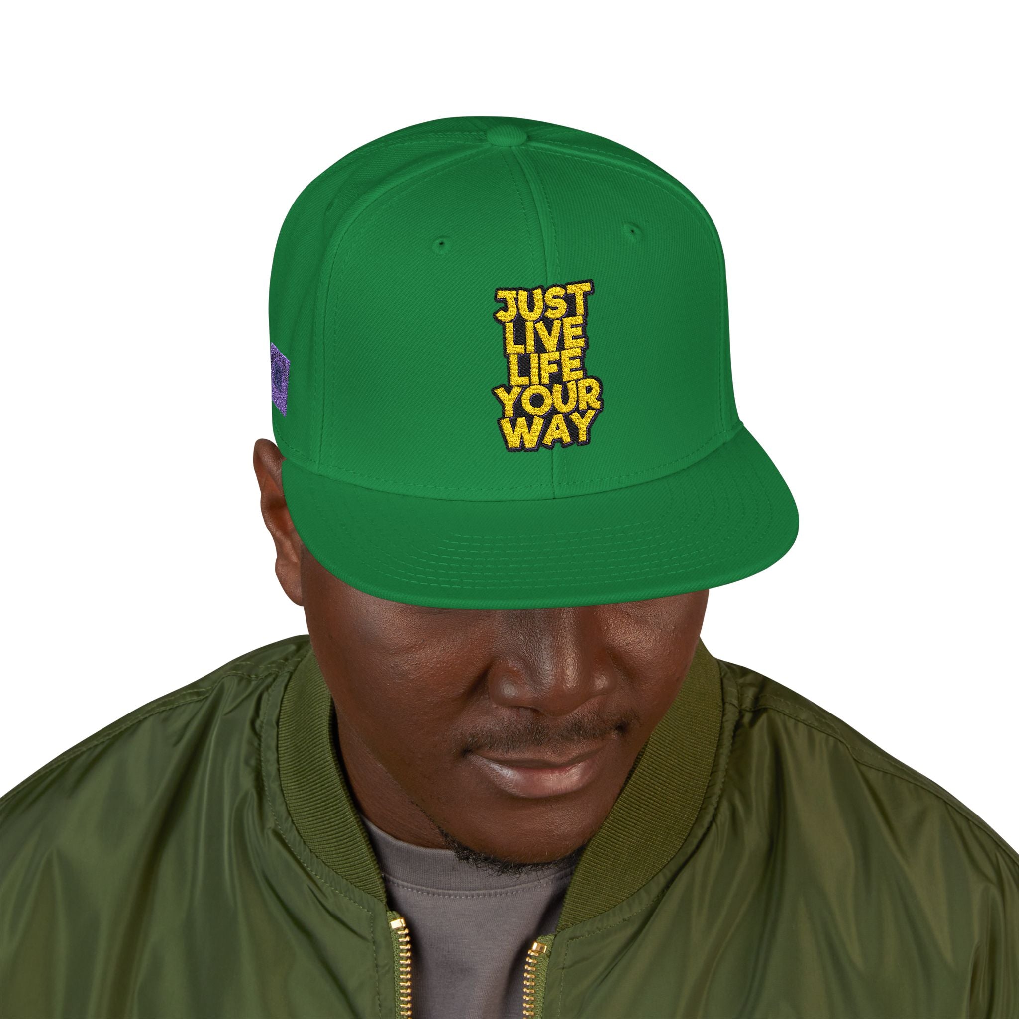 Embroidered Snapback Hat — Bold Yellow 'N' Floral Patch, Purple Side Accent