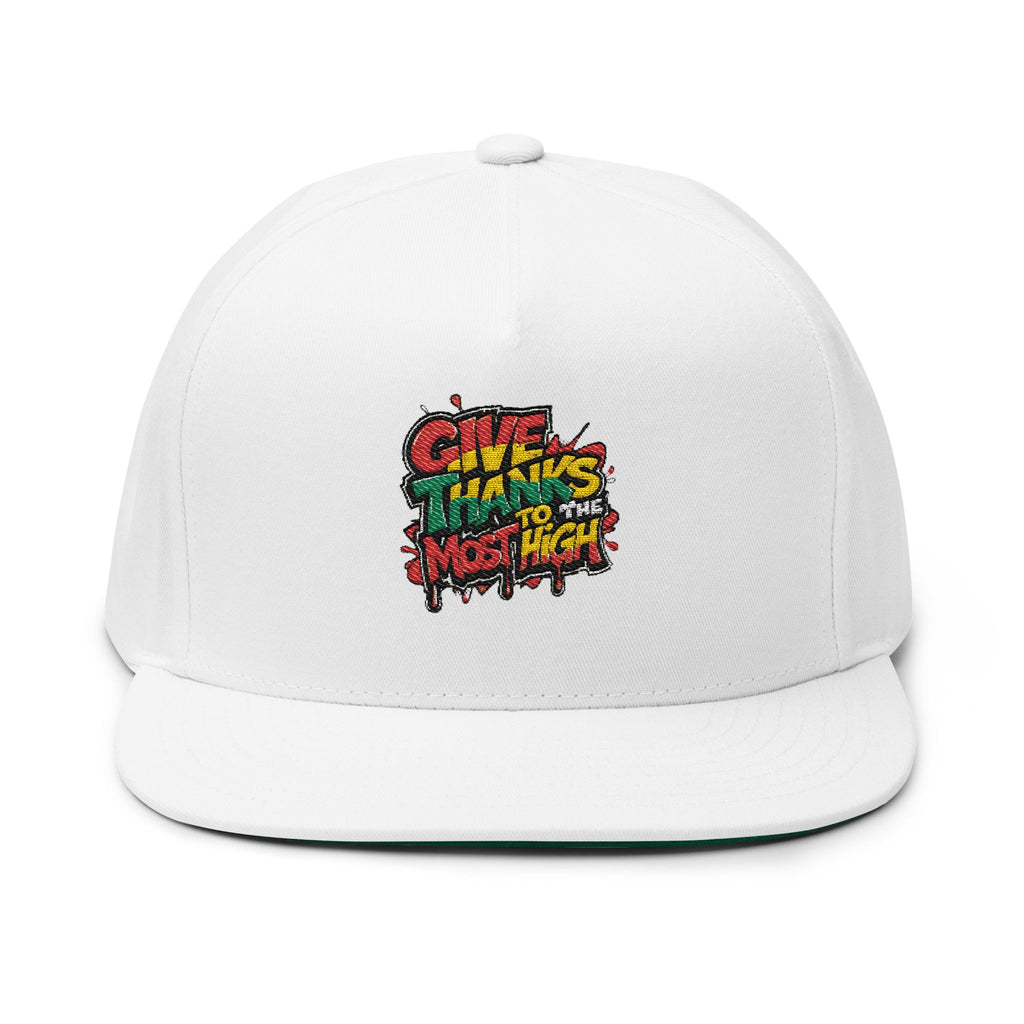 Flat Bill Cap — Colorful Graffiti “Give Thanks to the Most High” Embroidered Snapback