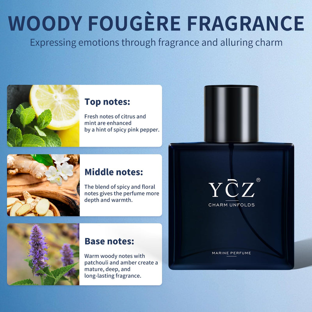Ycz Charm Unfolds Marine Perfume for Men, 1.7 oz. Long Lasting Eau De Parfum Cologne For Men, Oriental Woody Fragrance - Ideal Special Occasions, Making it the Ideal gentlemen’s Gift
