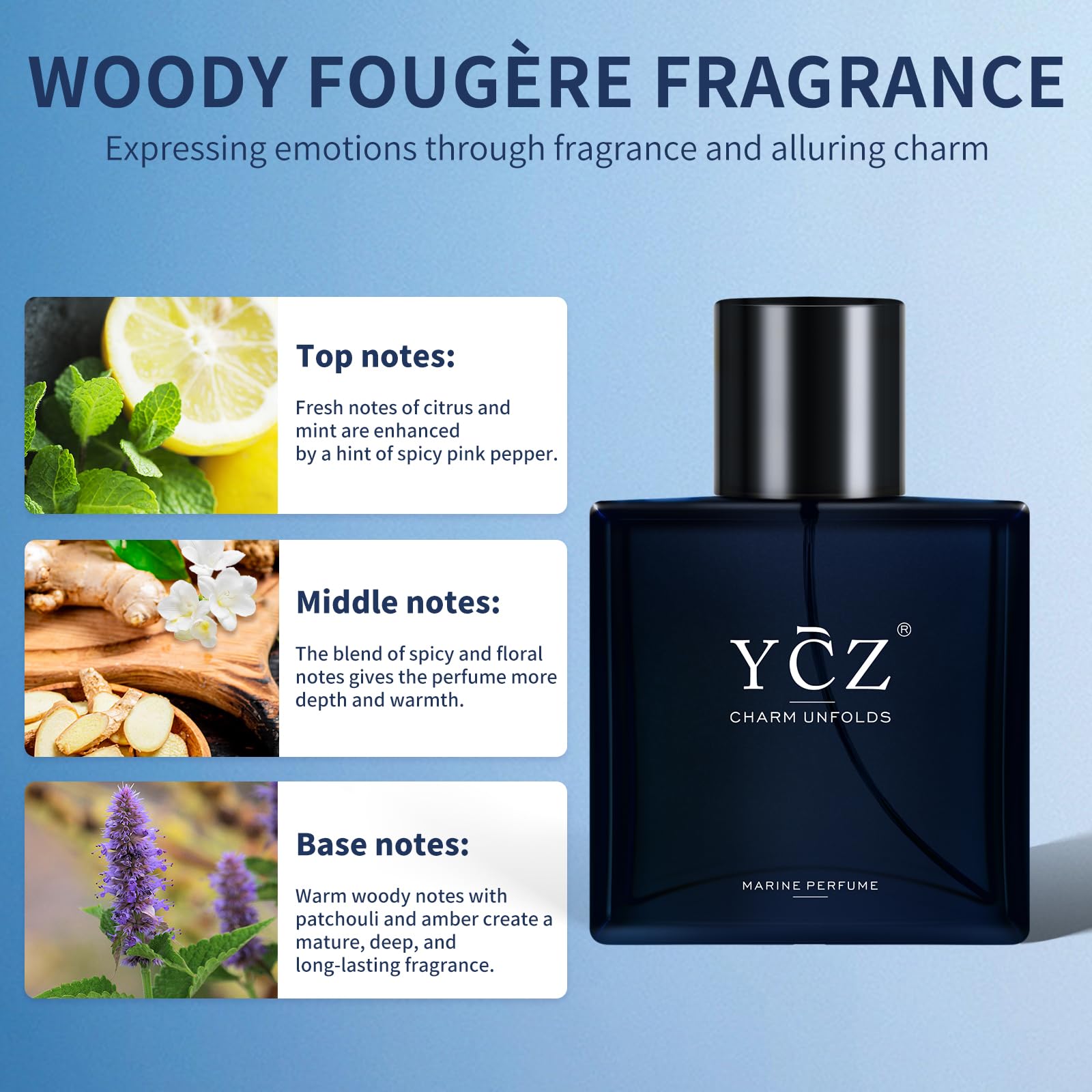 Ycz Charm Unfolds Marine Perfume for Men, 1.7 oz. Long Lasting Eau De Parfum Cologne For Men, Oriental Woody Fragrance - Ideal Special Occasions, Making it the Ideal gentlemen’s Gift