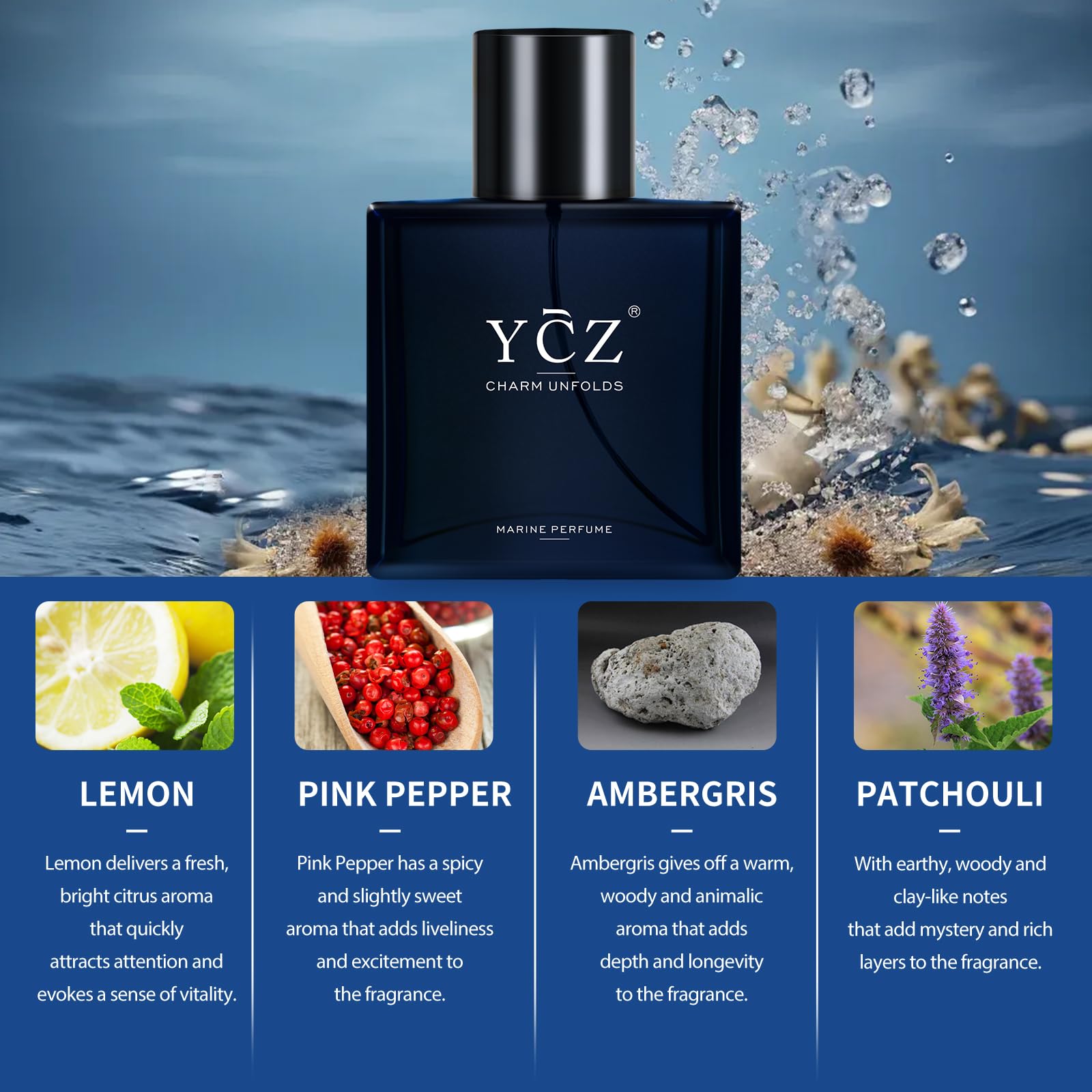 Ycz Charm Unfolds Marine Perfume for Men, 1.7 oz. Long Lasting Eau De Parfum Cologne For Men, Oriental Woody Fragrance - Ideal Special Occasions, Making it the Ideal gentlemen’s Gift