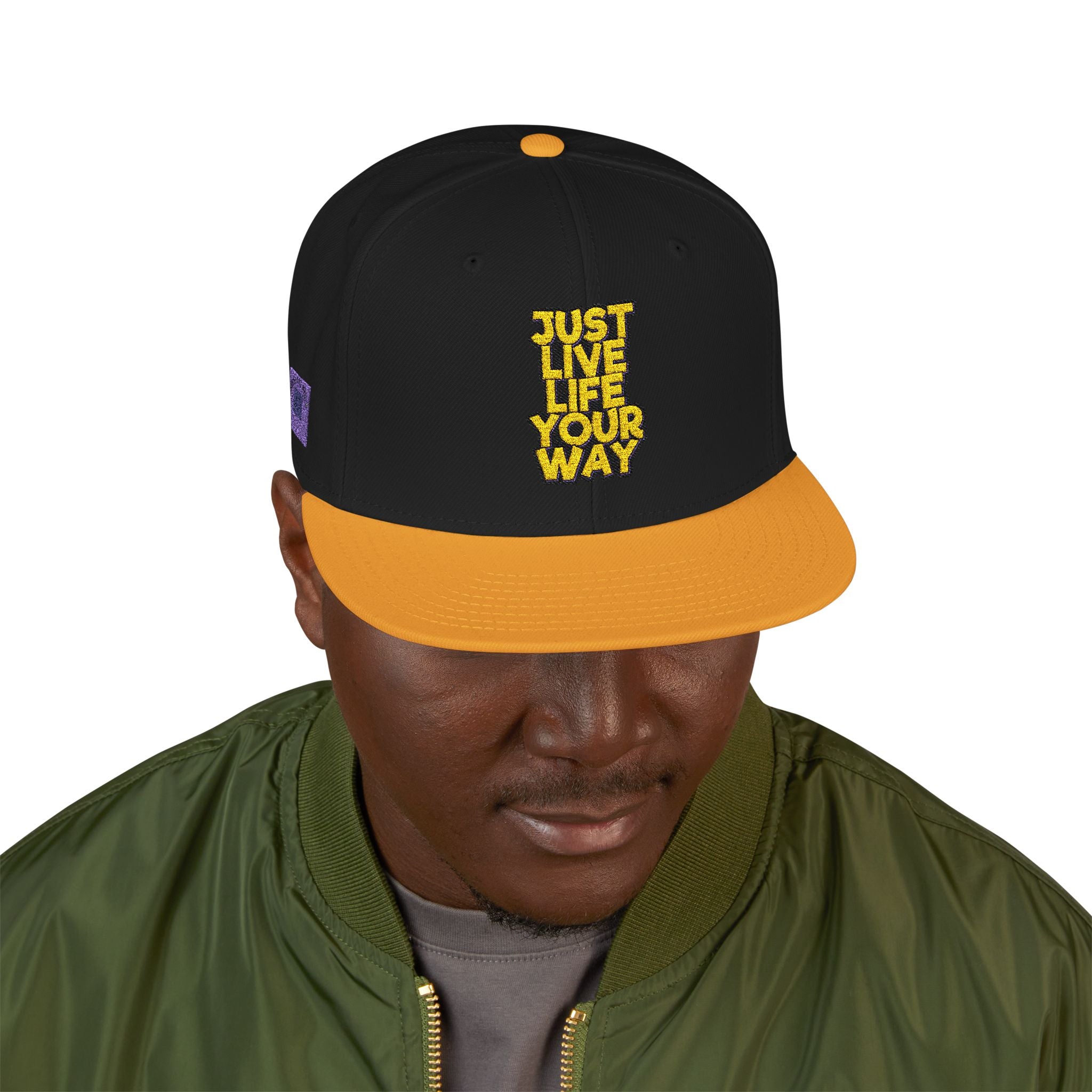 Embroidered Snapback Hat — Bold Yellow 'N' Floral Patch, Purple Side Accent