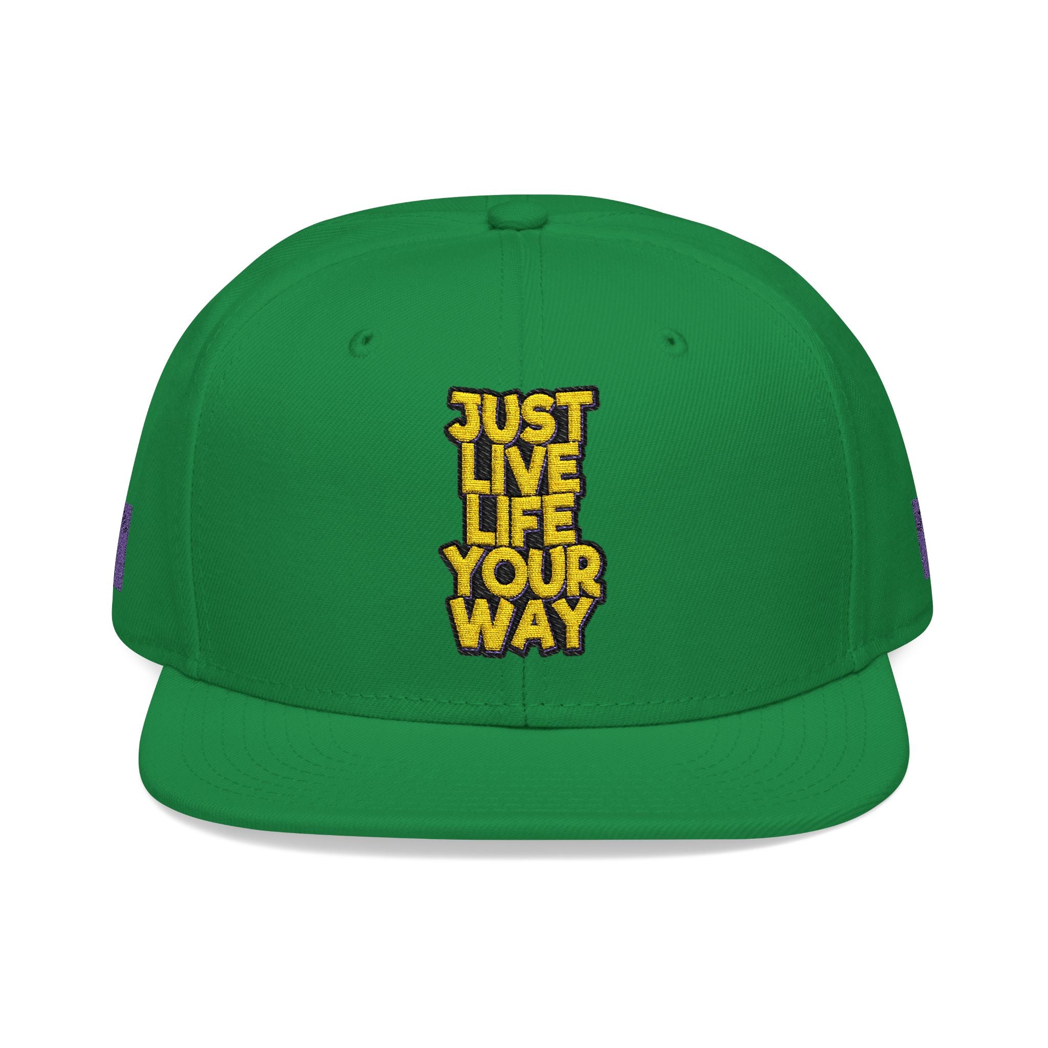 Embroidered Snapback Hat — Bold Yellow 'N' Floral Patch, Purple Side Accent
