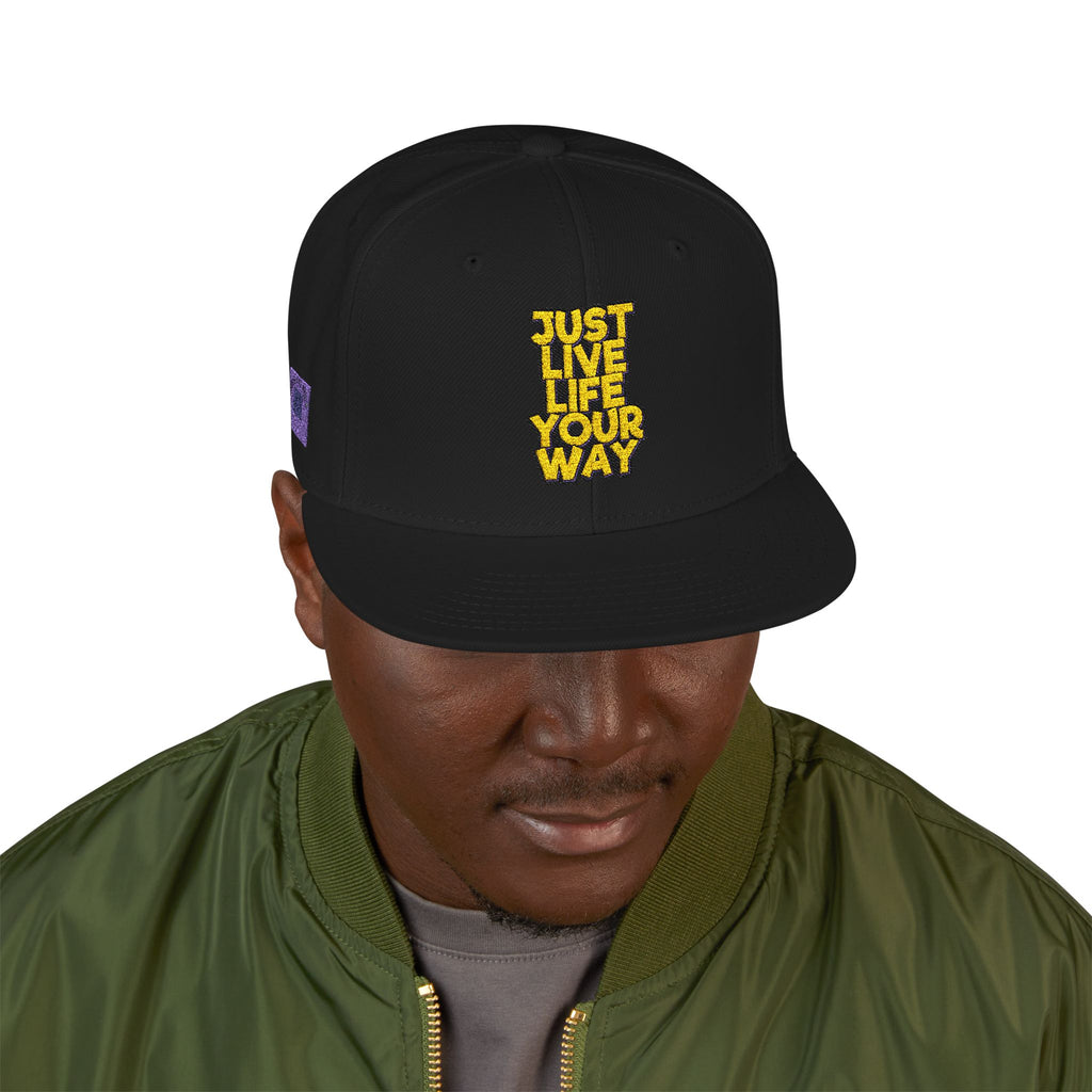 Embroidered Snapback Hat — Bold Yellow 'N' Floral Patch, Purple Side Accent
