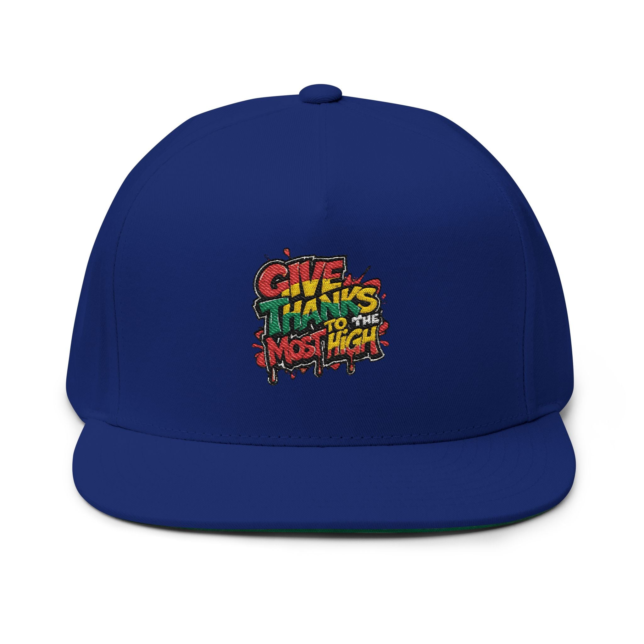 Flat Bill Cap — Colorful Graffiti “Give Thanks to the Most High” Embroidered Snapback