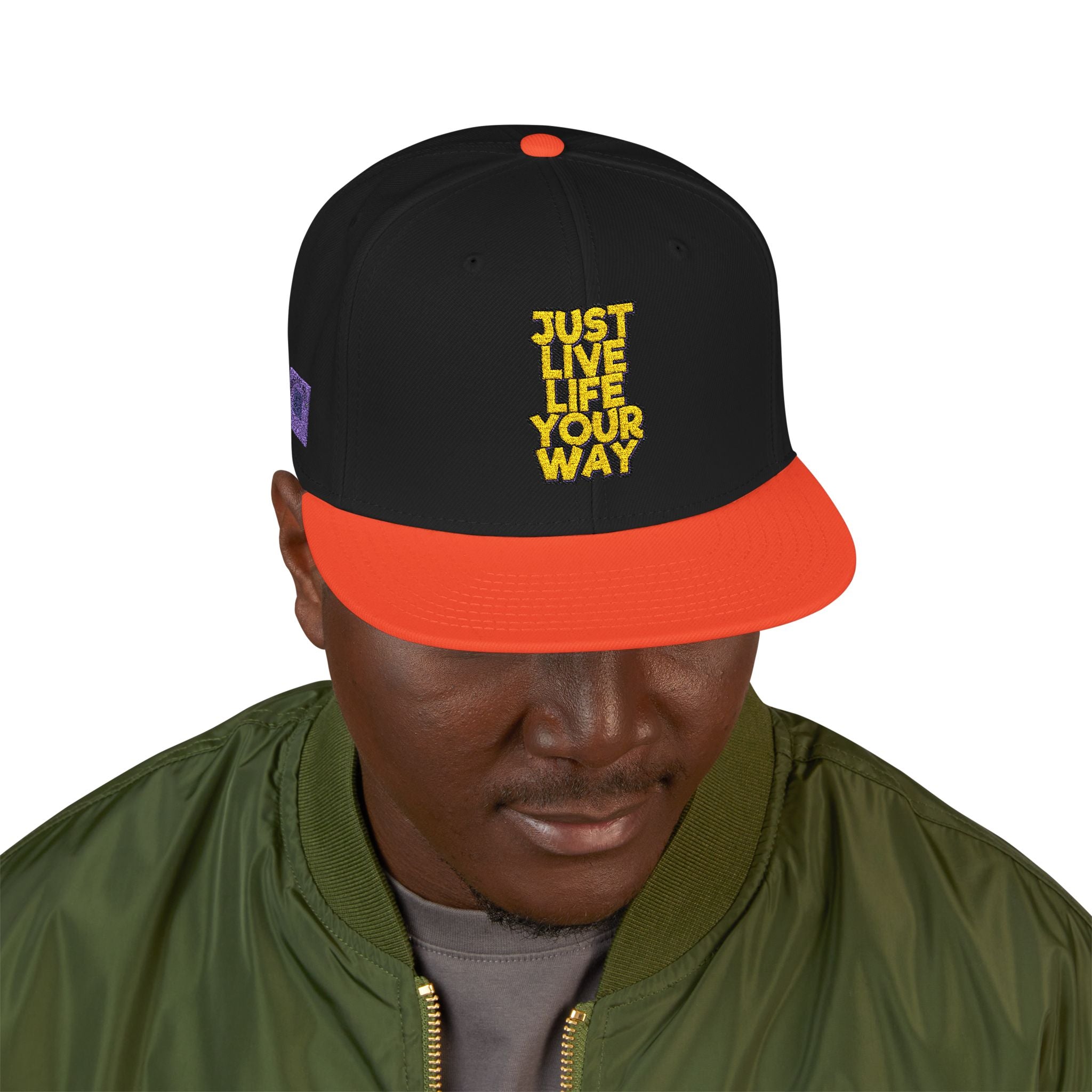 Embroidered Snapback Hat — Bold Yellow 'N' Floral Patch, Purple Side Accent