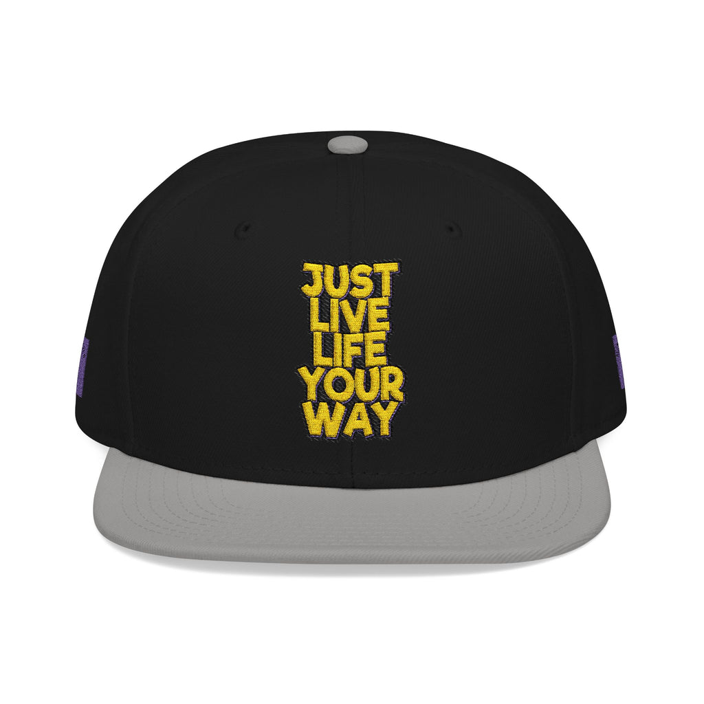 Embroidered Snapback Hat — Bold Yellow 'N' Floral Patch, Purple Side Accent